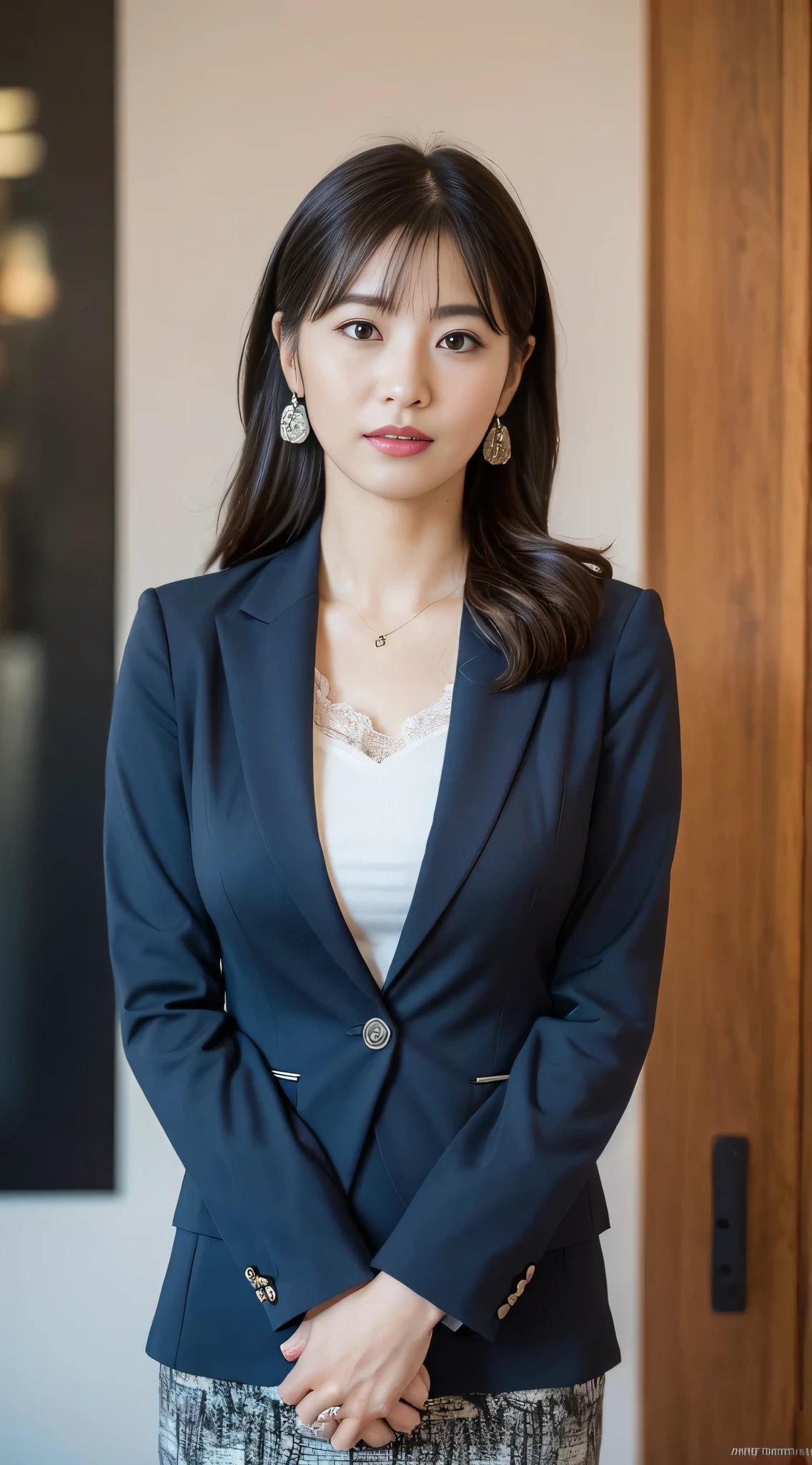 (masterpiece:1.3), (highest quality:1.2), (intricate details:1.2), (surreal:1.2), (professional photos:1.1), the chest is hidden, very detailed, shape, absurd solution, perspective, black wall background, concentrated, 40 years old, Japanese woman standing upright with her hands folded in front of her body, talking photo, 1 girl, chief executive officer（chief executive officer（chief executive officer（CEO, (medium breasts ), long hair, perfect hands, finger details, thin and beautiful eyes, perfect eyes, enchanting eyes, brown eyes, Plain long skirt, In dark blue, (business clothes: 1.2), white shirt, not wearing earrings,Wear a regular skirt, look at the audience, better hand,Art by Paul Thomas Anderson, (Shot with Sony A7R II and Sony 16-35mm lens, 1/250 people, f/5.6 、ISO1250)、