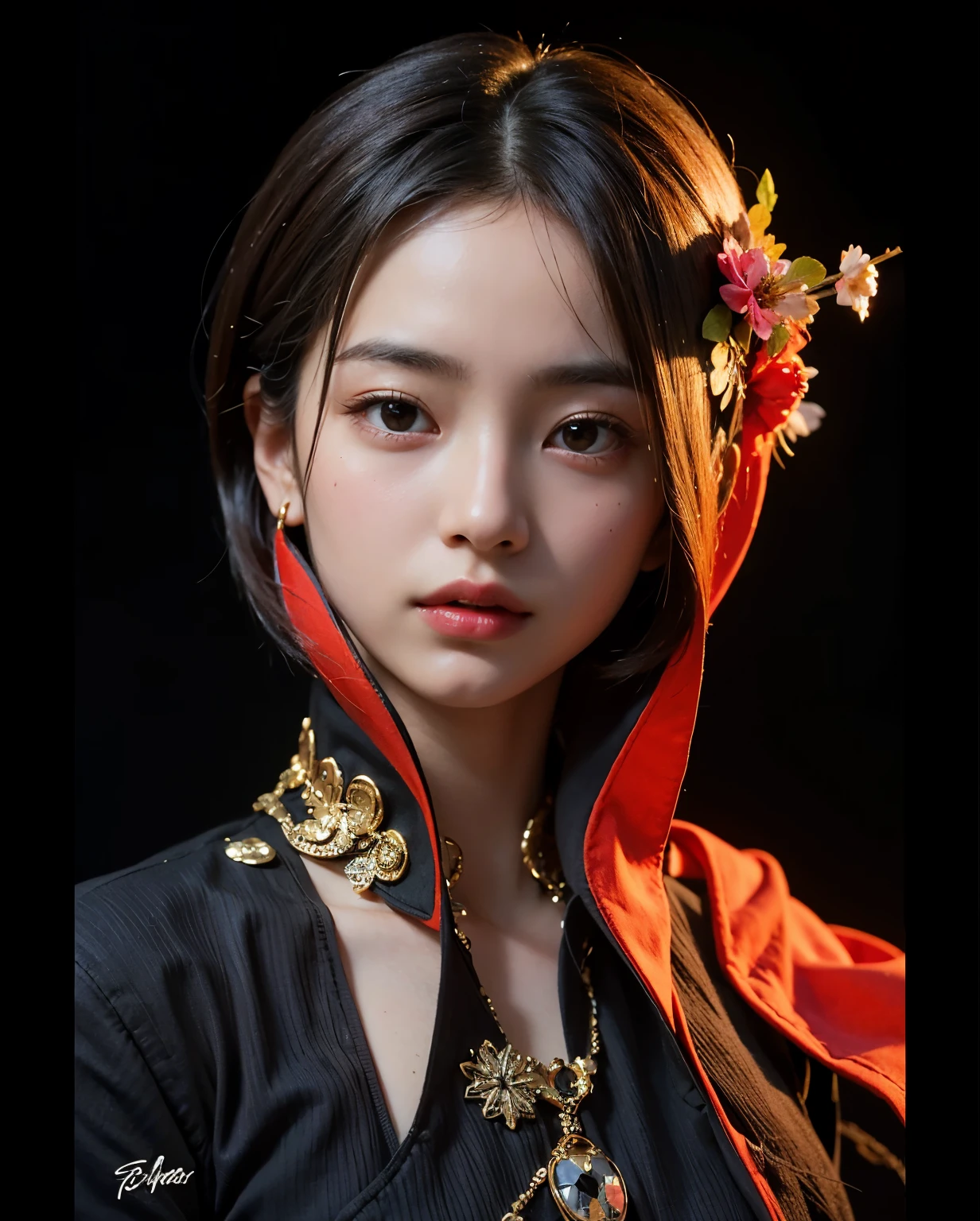 (Best quality, 8k, 32k, Masterpiece, UHD:1.2) "Generate a captivating artwork featuring a young Japanese girl model with short, sleek black hair styled in a chic bob haircut. Envision her bathed in dramatic cinematic lighting, creating an atmosphere of allure and mystery. Emphasize a romantic aesthetic vibe, showcasing the model in a poised and elegant pose that evokes a sense of intimacy and sophistication. Utilize warm and soft tones to enhance the romantic ambiance, and consider incorporating elements like flowing fabrics or flowers to add a touch of ethereal beauty. Capture the essence of romance and beauty through the model's expression, the play of light and shadows, and the overall aesthetic, creating a visually compelling and emotionally resonant piece." (perfect eyes), flawless skin, flawless face, cinematic, tight body, ((well-proportion female hands)), ((female hands with five digits)) ((Body is well proportioned)), ((chic bob haircut)), soft focus
