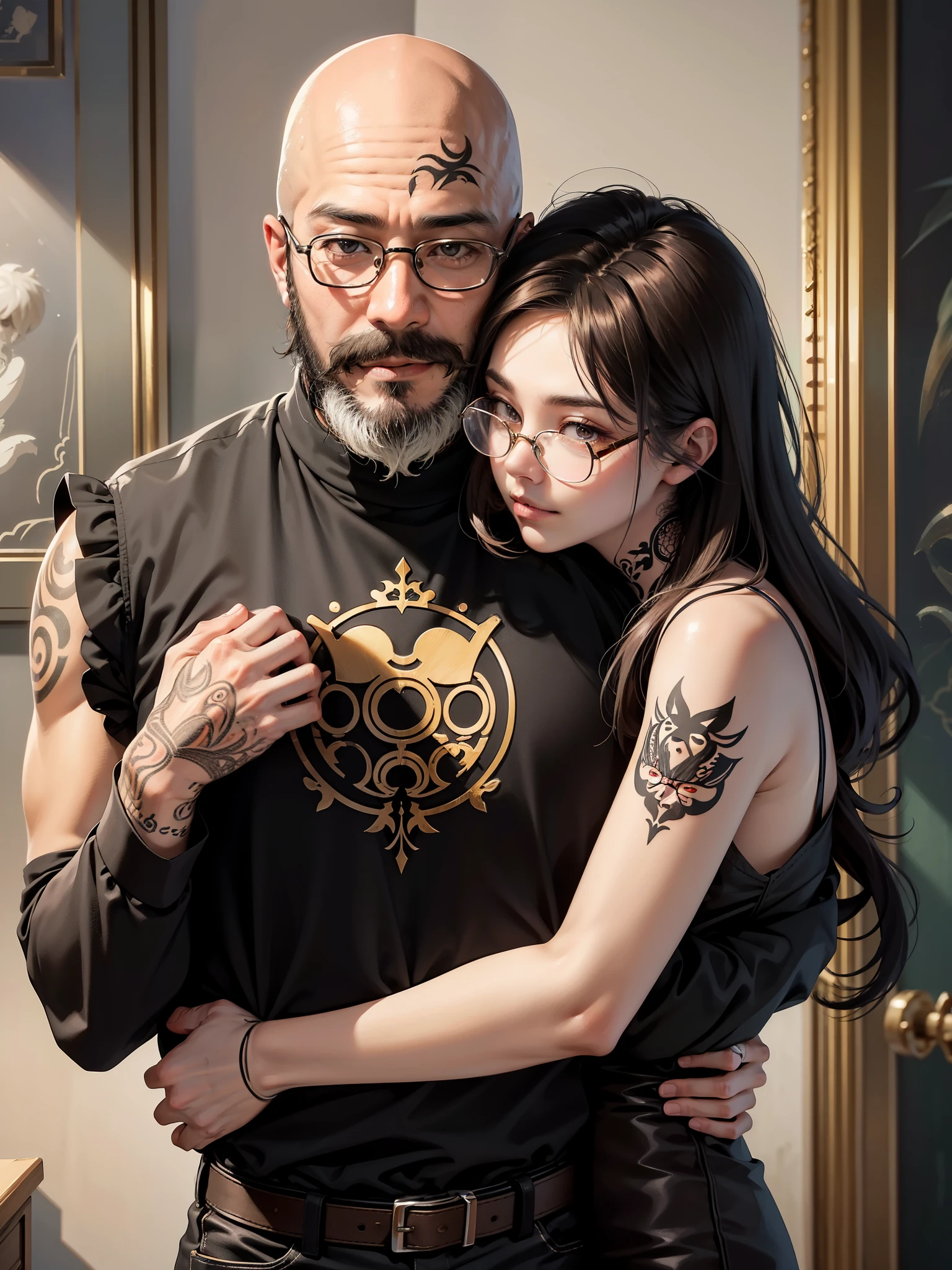 masterpiece, best quality, cute illustration style, (beard asian man glasses), intricately tattooed, (stubble and mustache), "ARS" symbol tattooed on chin, (European woman), light brown wavy hair, embracing him, (hugging position)
this bald asian man boasts an impressive array of tattoos covering every inch of his scalp and hairline, extending down to his hands and neck. his rugged features are accentuated by a bit of stubble and a small mustache gracing his chin. the prominent "ARS" symbol tattooed on his chin adds an intriguing touch to his look. nearby stands a european woman, her long wavy
