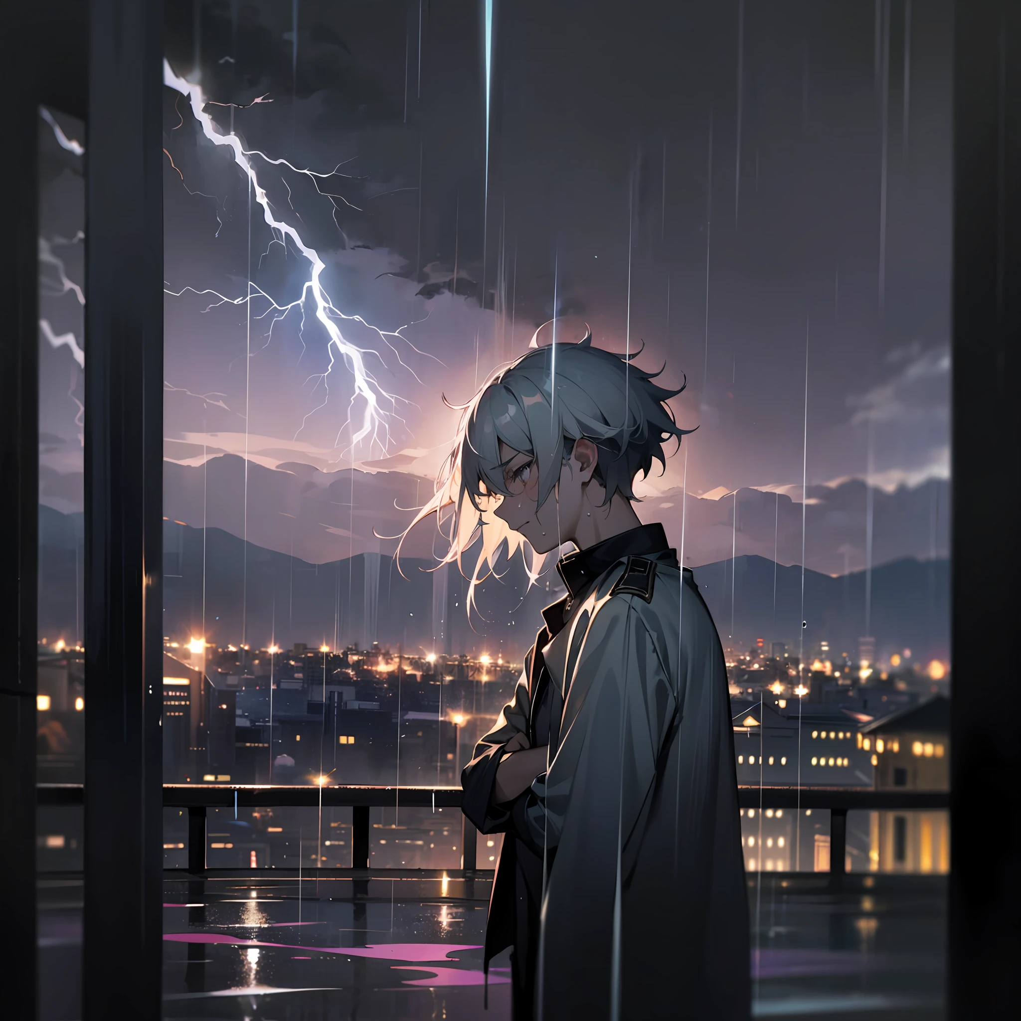 Heavy rain poured down, thunder and lightning at night. A teenager stood alone on the balcony of a tall building, the rain wetting his body and blurring the tears in his eyes. Lightning in the distance streaked across the sky, illuminating the pain and helplessness on his face. In stark contrast to the violent environment outside, the pain in his heart was deeper.