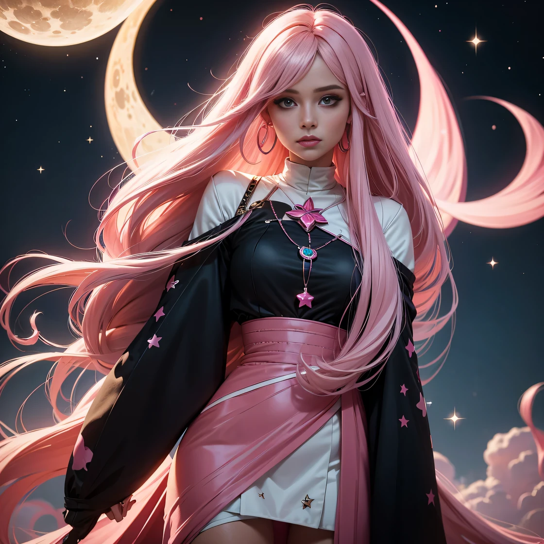 woman with very long creamy pink hair ,with pink and black outfit , moons and stars pattern , hoop earring , solo, 1woman , 8k