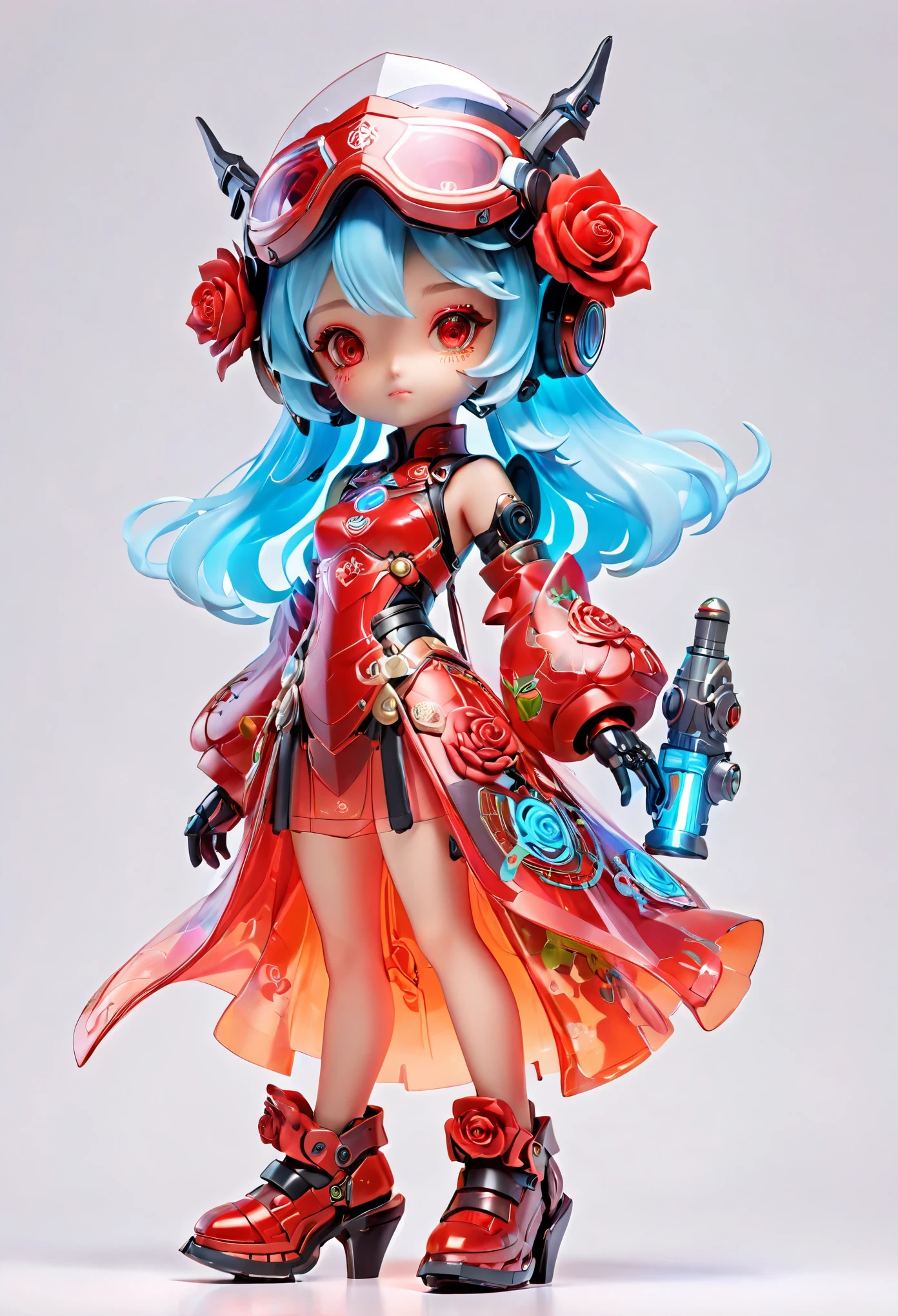 (Blind Box Spielzeug Stil:1.2),full body, solo,white background,(1 Transparent cute wizard, Transparent mecha, Beautiful girl face ,red rose Transparency dress, glowing electronic component,gloves, high heels,Exquisite Helmet, glowing goggles),(Oriental elements, Chinese color,Very colorful), Cyberpunk, Dreamy Glow, Luminous neon lamp, clean，3D