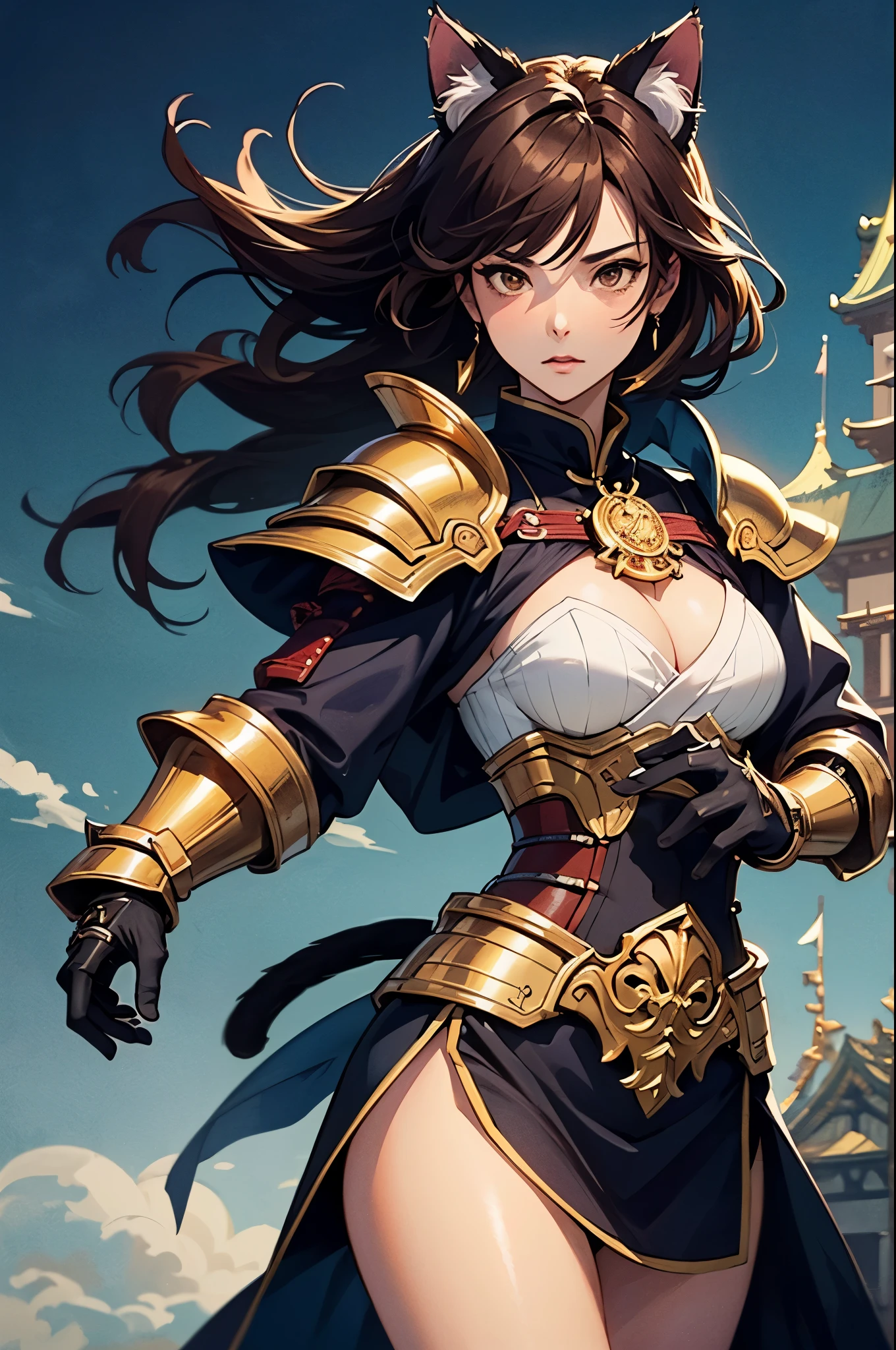 samurai、((cat ears))、red samurai armor、wavy brown hair、(golden brown eyes)、purple theme、(Outstanding proportions)、movement、fantasy、japanese castle、masterpiece、high detail、photo quality、cowboy shot、anime style、ample breasts、Thigh、gauntlet、