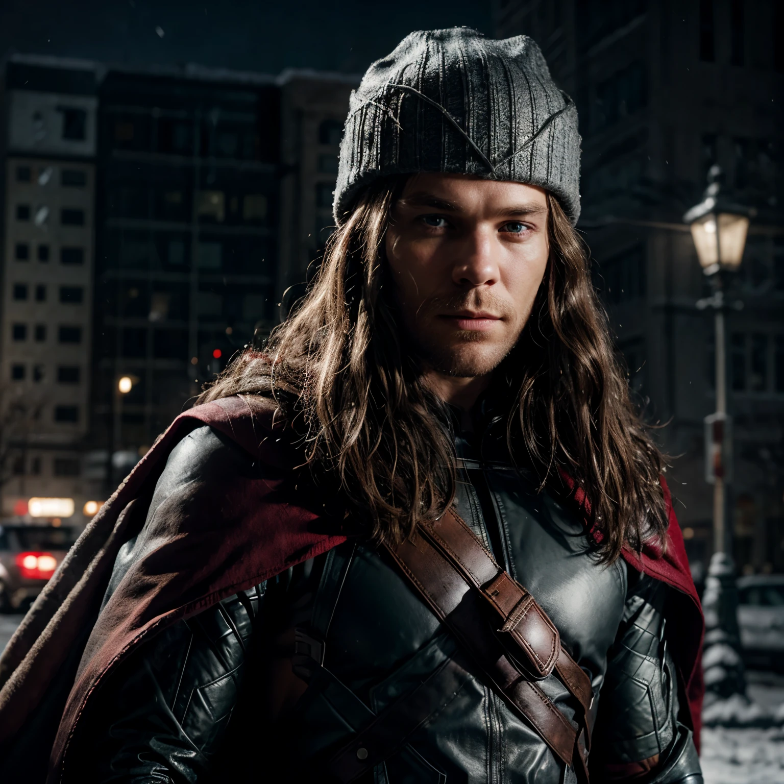 thor DC character military hair wearing gray winter hat and red cape