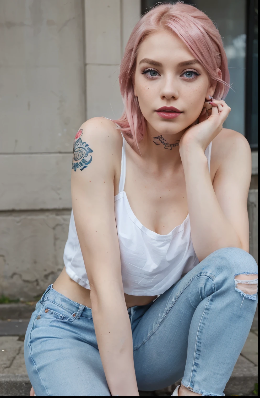 Beautiful skinny girl, elongated face and thin chin, freckles, blue hair, blue eyes, red lipstick, beautiful makeup, white skin, tattoo, Color Bust, denim jeans, white cotton shoes, in street , messy Hairbun
