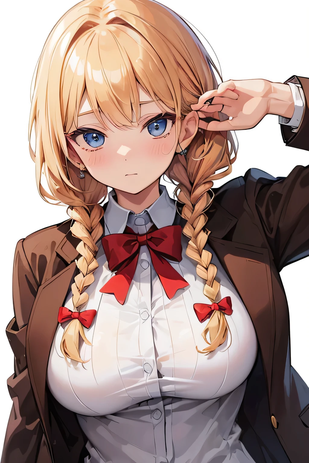 (highest quality), (Super detailed), (Best Illustration), (beauty), (front), (brown blazer), Upper body, (big breasts), embarrassing, cheeks are red, (((Braid))), blonde hair, blue eyes, white background,