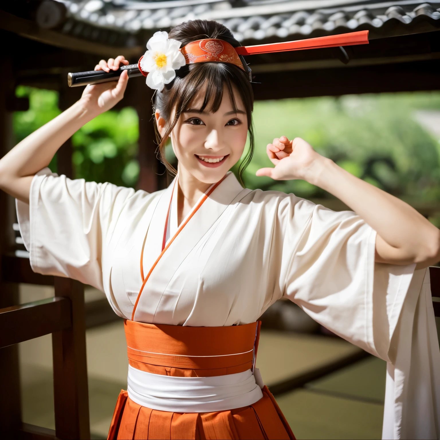 (8k、RAW photo、highest quality、masterpiece:1.5)、(realistic、Photoreal:1.5)、super detailed、超A high resolution、cinematic lighting、(((Beautiful woman in samurai costume)))、(((26 year old Japanese woman)))、(((Wearing a white kimono with a samurai motif)))、、cute smile、Fun and energetic atmosphere、dynamic angle、dynamic lighting、big breasts、cleavage、Inside a traditional Japanese house、holding a sword in hand、ponytail、White headband on forehead