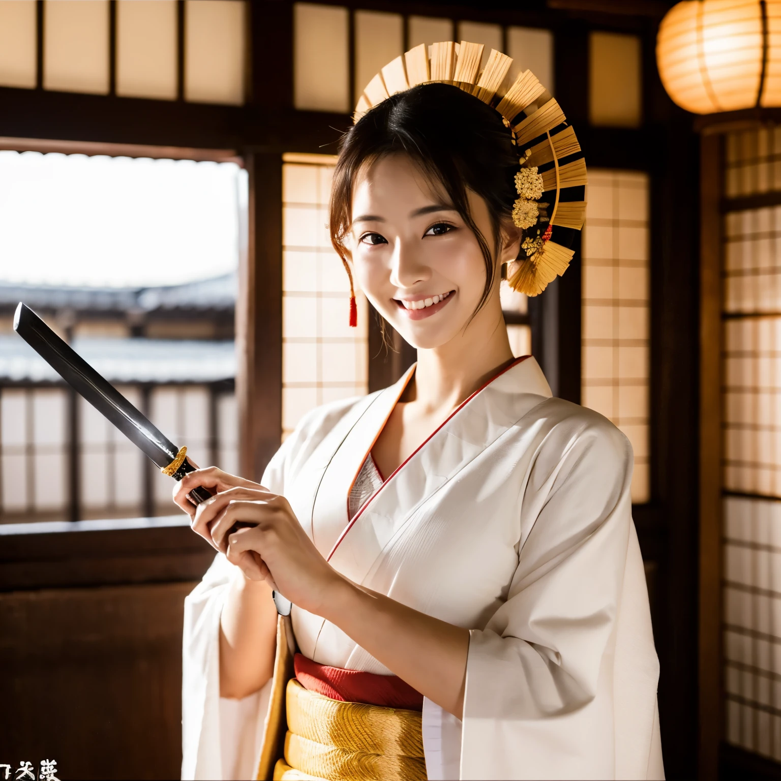 (8k、RAW photo、highest quality、masterpiece:1.5)、(realistic、Photoreal:1.5)、super detailed、超A high resolution、cinematic lighting、(((Beautiful woman in samurai costume)))、(((26 year old Japanese woman)))、(((Wearing a white kimono with a samurai motif)))、、cute smile、Fun and energetic atmosphere、dynamic angle、dynamic lighting、big breasts、cleavage、Inside a traditional Japanese house、holding a sword in hand