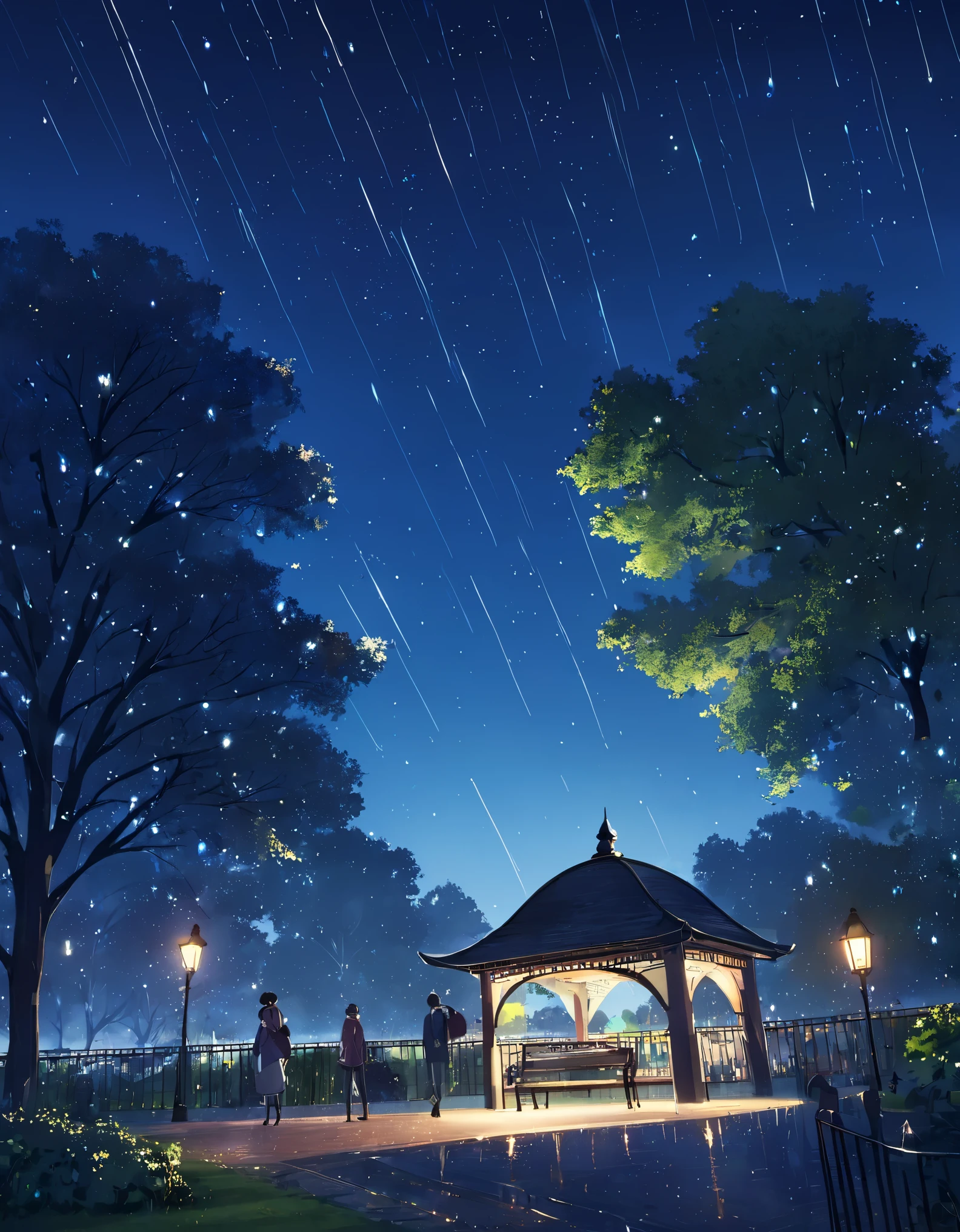 starry sky. meteor Rain. Evening Park. 