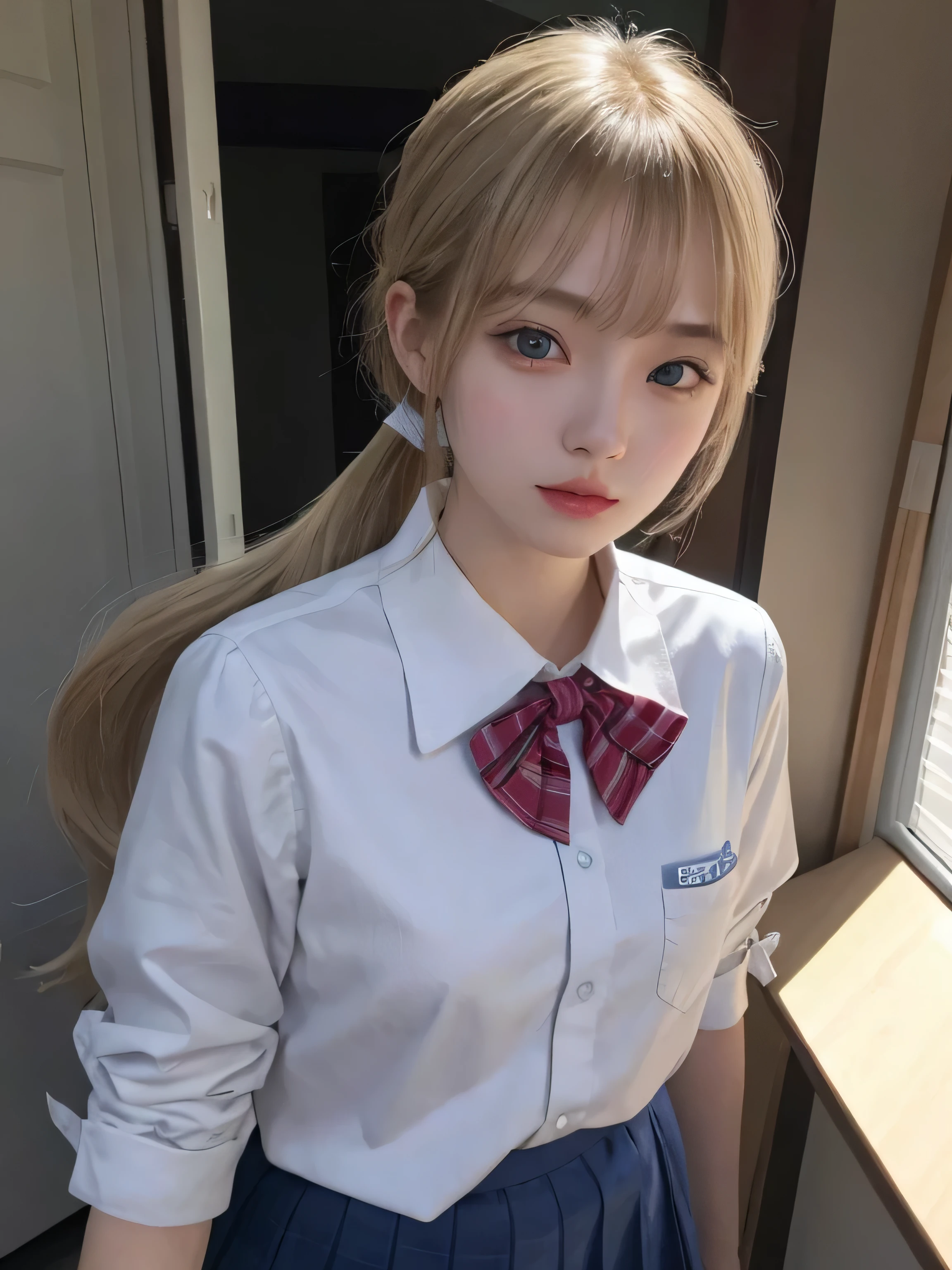 bright expression、photorealism、top quality、ultra high resolution、photo、北欧最漂亮的女孩photo、Beautifully, cute and beautiful face、a small face、(face of pure love_v1:0.008)、Beautiful bangs、alice in wonderland、18 years old、Fair and shiny skin、ponytail、延伸至脸部的Bangs、Bangs、Hair between the eyes、extra long hair、Charming Bright Natural Platinum Blonde Extra Long Straight Silky Henna Hair、Attractive glowing beautiful bright clear light blue big eyes、uniform、Uniforms、Eyeliner、double eyelids、plump breasts