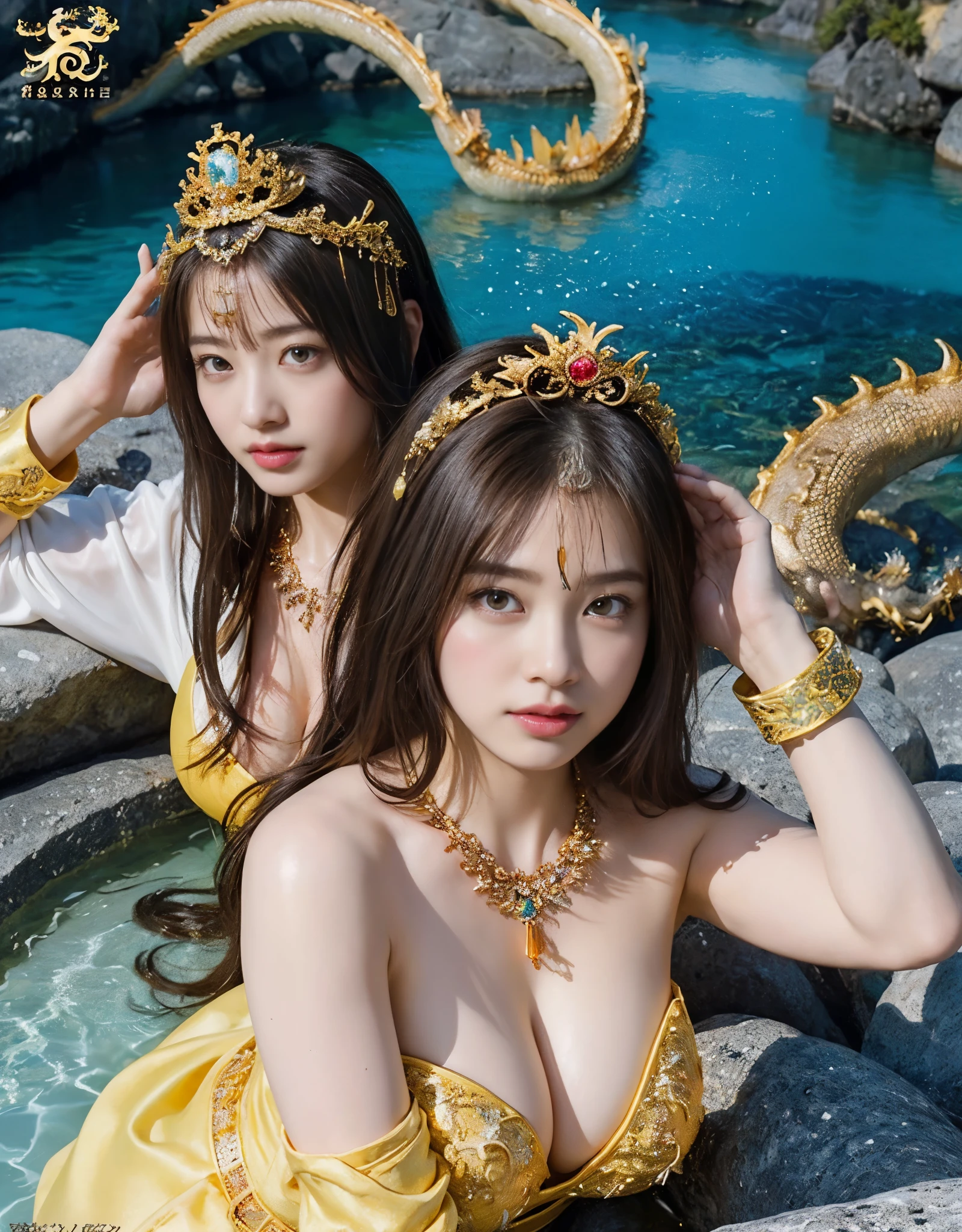 (very heavy chest)、highest quality、masterpiece、ultra high resolution、（ice dragon armor）、(((Metal製))),(((big breasts)))、(((Yellow Micro Bikini))),(she wears a beautiful crown made of precious stones.),(Photoreal:1.4)、RAW photo、1 girl、(((random hair))、(((color々take a pose)))、glowing skin、(((water chinese dragon)))、intricate and gorgeous hair ornaments、（looks like a gorgeous necklace）、（someone who looks at you calmly, Eyes like a goddess.）happiness:1.2).((beautiful sea background))、cliff、(ruins background)、((Ultra realistic details))、portrait、global illumination、（sexy pose）、Shadow、octane rendering、16k、big breasts、Raw skin exposed in the cleavage、Metal、intricate decorative details、Japan details、very intricate details、realistic light、CG Society Trenlow Eyes、Eyes shining towards the camera、（）、(((heavy big))),Shining eyes shine、armpit、24k,Ice Effect、It&#39;s snowing、