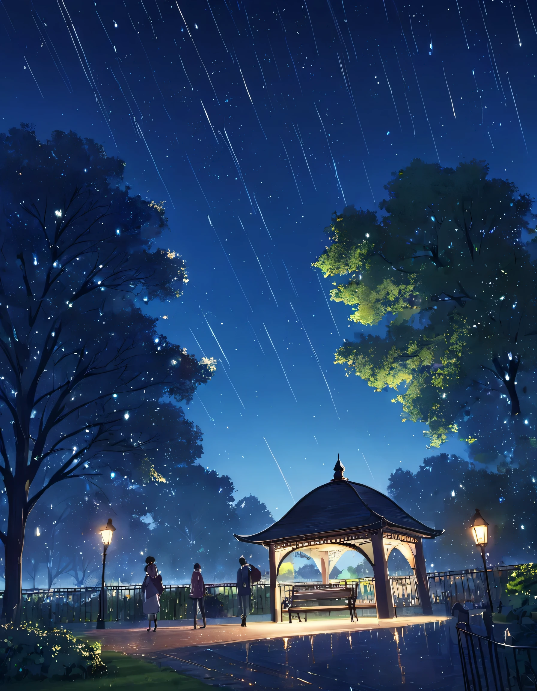 Starry sky. meteor Rain. Evening Park. 