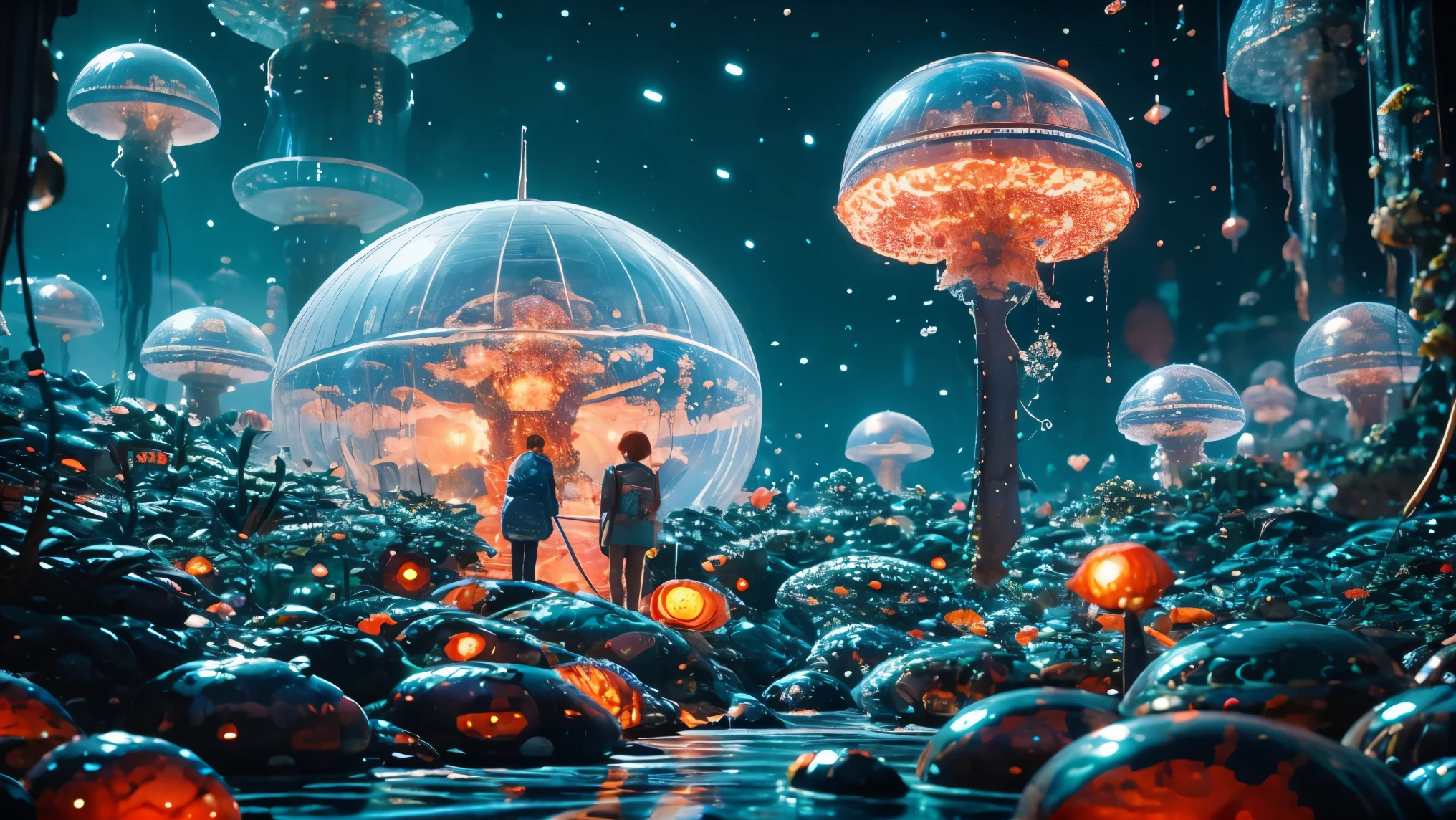 A city made of jellyfish, alien jellyfish, space jellyfish, (best quality,4k,8k,high resolution,masterpiece:1.2), Super detailed, (actual,photoactual,photo-actual:1.37), bright colors, surreal lighting, surreal atmosphere, Glowing tentacles, transparent body, floating in the sky, underwater structure, bioluminescent organisms, fantastic environment.