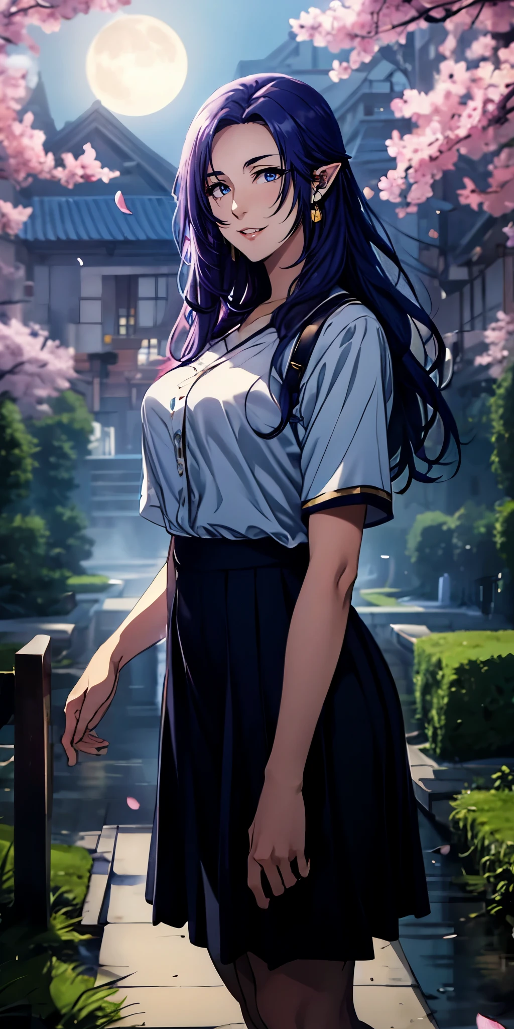 dark-blue hair, long hair, pointy ears, dark-blue eyes, anatomically correct, epic art, fantasy, 1girl, cherry_blossoms, moon, long_hair, solo, petals, full_moon, earrings, tree, jewelry, looking_at_viewer, night, standing, skirt, outdoors, breasts, lips, sky, purple_hair, shirt, flower, sobu high school uniforms, huge breasts, "Photorealistic, Hyperrealistic, Hyperdetailed, analog style, soft lighting, subsurface scattering, realistic, heavy shadow, masterpiece, best quality, ultra realistic, 8k, golden ratio, Intricate, High Detail, film photography, soft focus" (shaded face:1.2), hollow eyes, dark-blue eyes, looking at viewer, heavy breathing, smirk, upper teeth, lips,