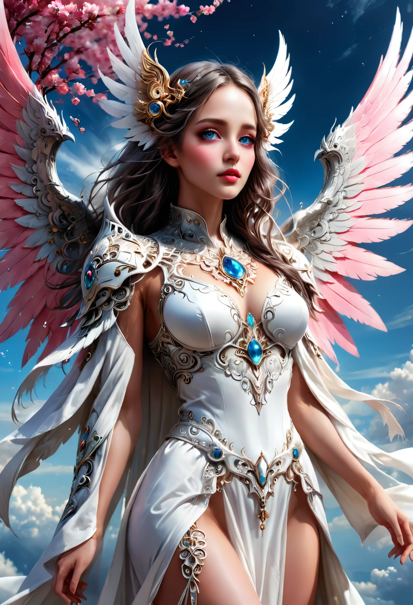 ((raw photo)), ((masterpiece)), anthropomorphic humanoid Angelwoman wearing white noble robe, intricate detail, futobot, intricate Greebles pieces, sky behind, pink, beautiful wings, detailed eyes and lips