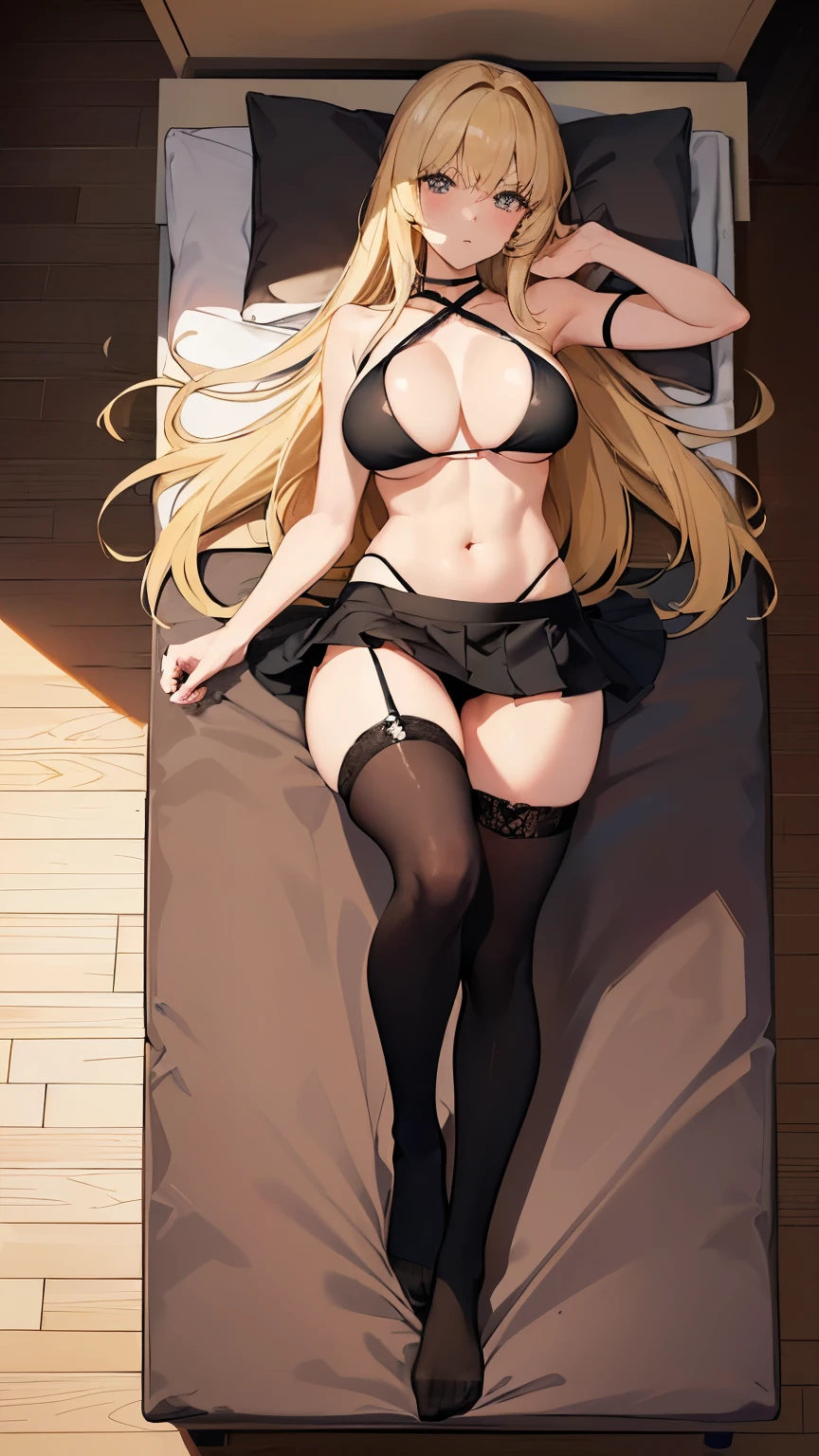 1girl, 8k, best quality, perfect body, UHD, meisterwerk, Beautiful girl, seductive girl, anime-girl, anime stil,((wearing a black bikini, (wearing a miniskirt), wears high stockings, schulterfrei, bauchfrei)), shy, seductive, Nice, sexy, cute, tsundere, ((Big , sportlich schlank, thin legs, blonde haare, lange haare, leichte bauchmuskeln)), (((full body anime pose))), posiert sexy, ((liegt auf einem Bett, lies on his back on a bed))
