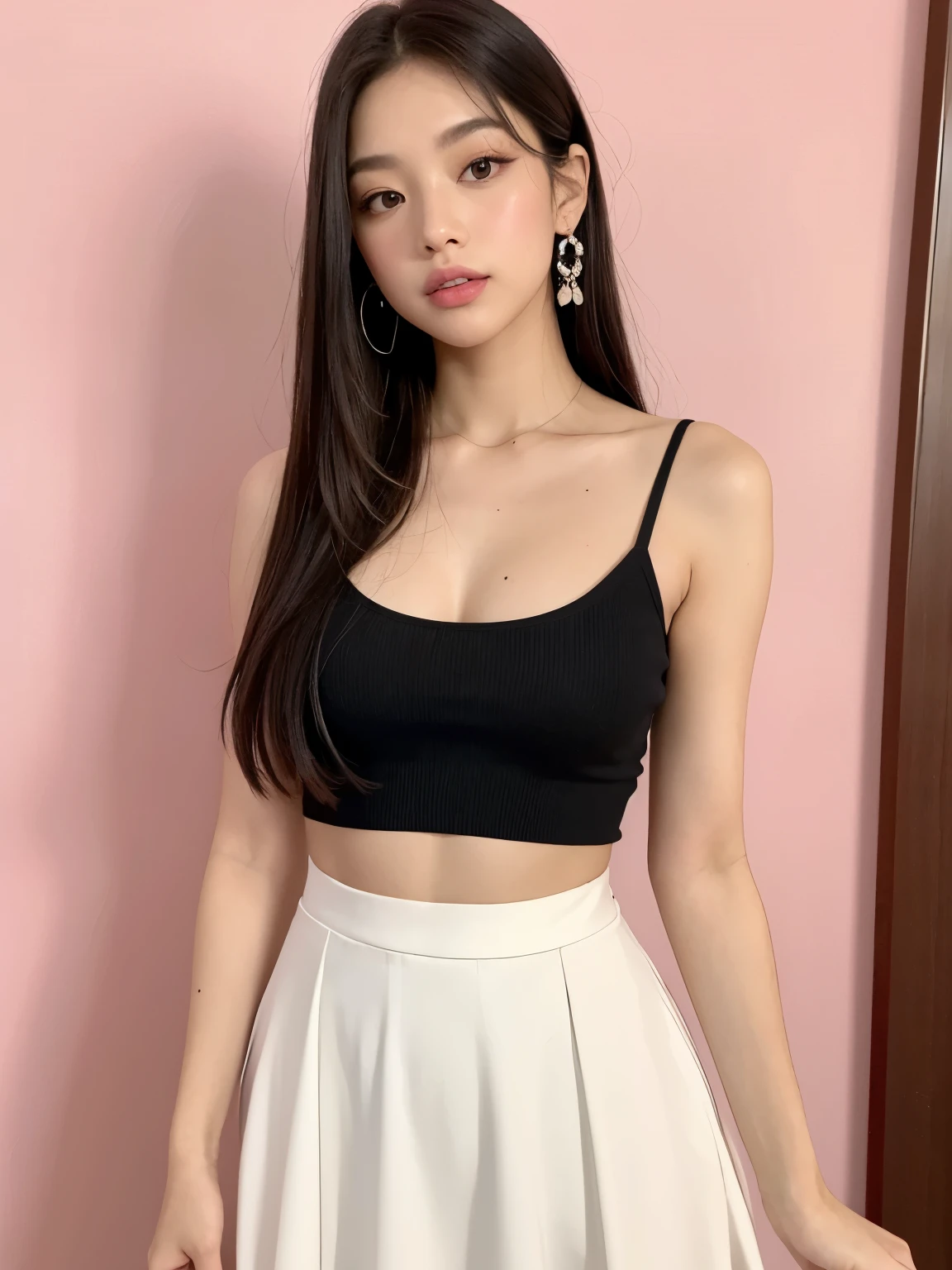 Kim Jennie de blackpink con el cabello rubio claro, cabello rubio con ondulado, cabello de color rubio ondulado, with small fringes, ojos color negro, nariz respingada y bonita, labios gruesos, Cupid and heart shaped lips, labios rosas, piel blanca, piel bonita y suave, con pecas y lunares, cejas bonitas, marked and beautiful clavicle, mientras tiene un polo con rosas color rojo tinto, rojo oscuro, with a small skirt, nice and small skirt, abdomen delgado y bonito, escote desnudo, while his back is turned, mostrando su espalda bonito y delgada, (pechos grandes, pechos suaves, pechos naturales, escote desnudo), mientras agarra una rosa, in a room with a pink background, mirando a la camara, autofoto