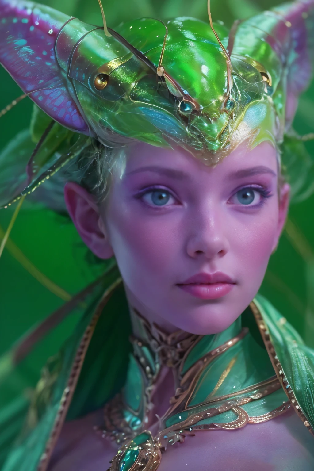 (best quality,4k,8k,highres,masterpiece:1.2),ultra-detailed,(photorealistic,photo-realistic:1.37), (A beautiful female phantom with compound eyes that look like the eyes of a praying mantis:1.5), futuristic, hi-tech, natural-looking skin, emerald-green compound eyes, exquisite, detailed face features, (piercing eyes, long eyelashes and sharp angles:1.1), sculptural facial structure, innovative fashion style, metallic, shimmering make-up, glowing eyeliner, ornate futuristic jewelry, elaborate headpiece, feathers and metallic elements, ethereal background with floating holographic particles, controlled lighting with soft highlights, bluish-green color scheme, otherworldly atmosphere. (NSFW:1.1), (toned body, small breast:1.5)