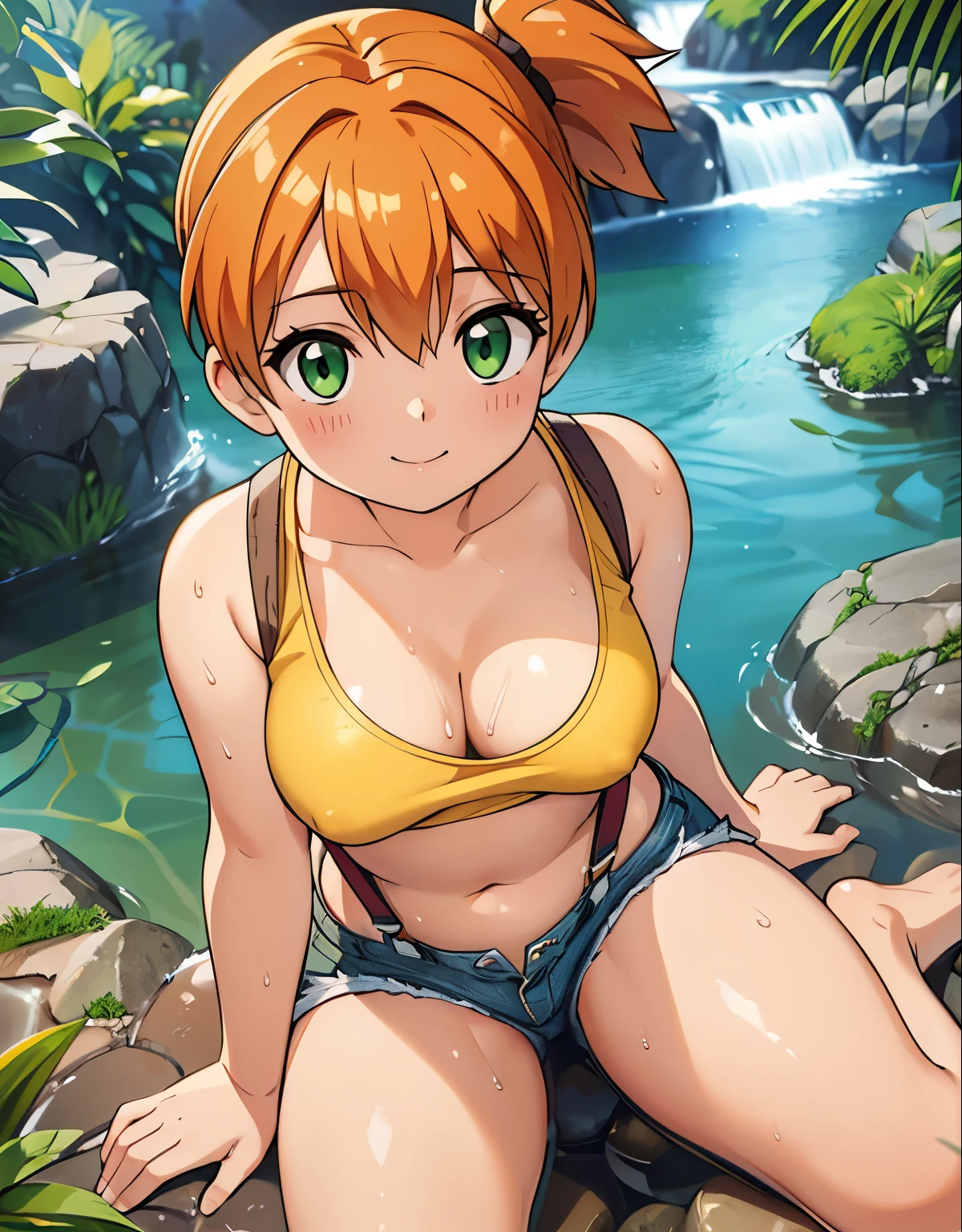 (best quality,4k,highres,masterpiece:1.2),ultra-detailed,(realistic,photorealistic,photo-realistic:1.37),HDR,UHD,studio lighting,extreme detail description,professional
A woman lying in a stream, detailed face and body,full body, misty, 1girl, breasts, looking_at_viewer, short_hair, closed_mouth, bangs, navel, hair_between_eyes, bare_shoulders, sitting, green_eyes, full_body, lying, sleeveless, midriff, orange_hair, side_ponytail, crop_top, looking_to_the_side, eyelashes, bare_legs, sleeveless_shirt, leaning_forward, arm_support, suspenders, tank_top, denim_shorts, yellow_shirt, hair_tie, green_shorts, suspender_shorts, yellow_tank_top, body shape, small breast, chubby thighs, thick thighs, smile, beautiful eyes, her body completely soaked wet, loved gaze, she tries to cover her intimate parts