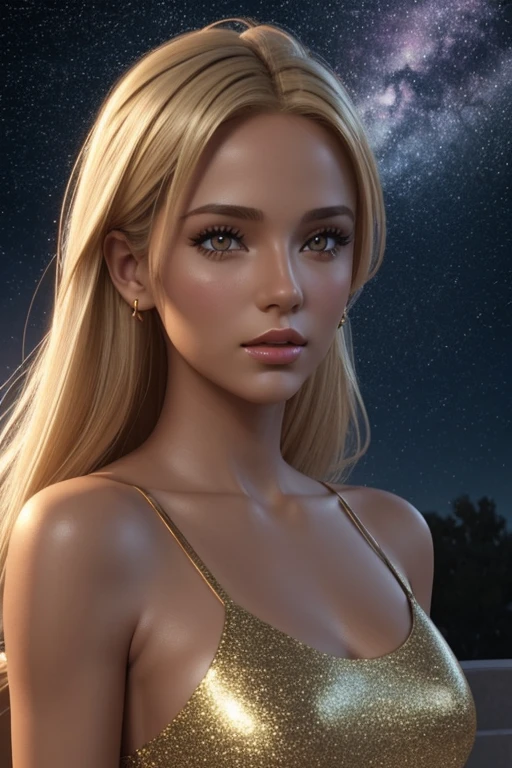 3D render 3D drawing sketch art, sketch fab, pastels, background dark starry sky, draw a tanned blonde woman, en 3D, face lit by golden stars, thin red lips, prenant une douche. 
