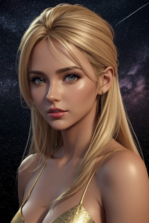 3D render 3D drawing sketch art, sketch fab, pastels, background dark starry sky, draw a tanned blonde woman, en 3D, face lit by golden stars, thin red lips, prenant une douche.