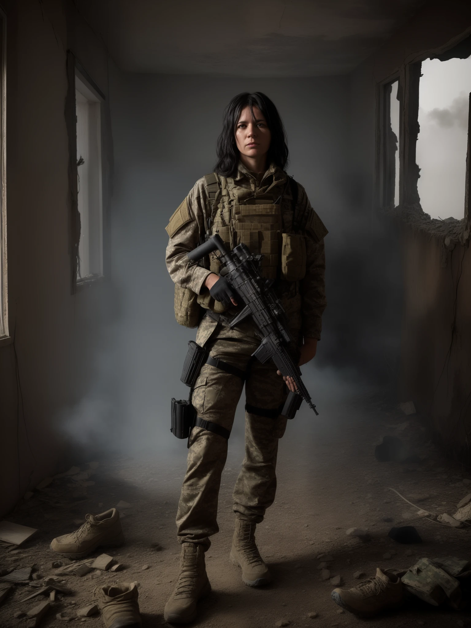 full-body view of a 31-year-old European woman with disheveled dark hair, standing in a dirty military camouflage outfit and shoes, wearing full military equipment including a sniper rifle, set in a ruined apartment interior after a war. The scene is engulfed in billowing smoke and dust on a sunny hot day, creating an interesting chiaroscuro effect. The artwork should be ultra-realistic and considered a masterpiece. Created in a cinematic style with detailed textures and lighting.