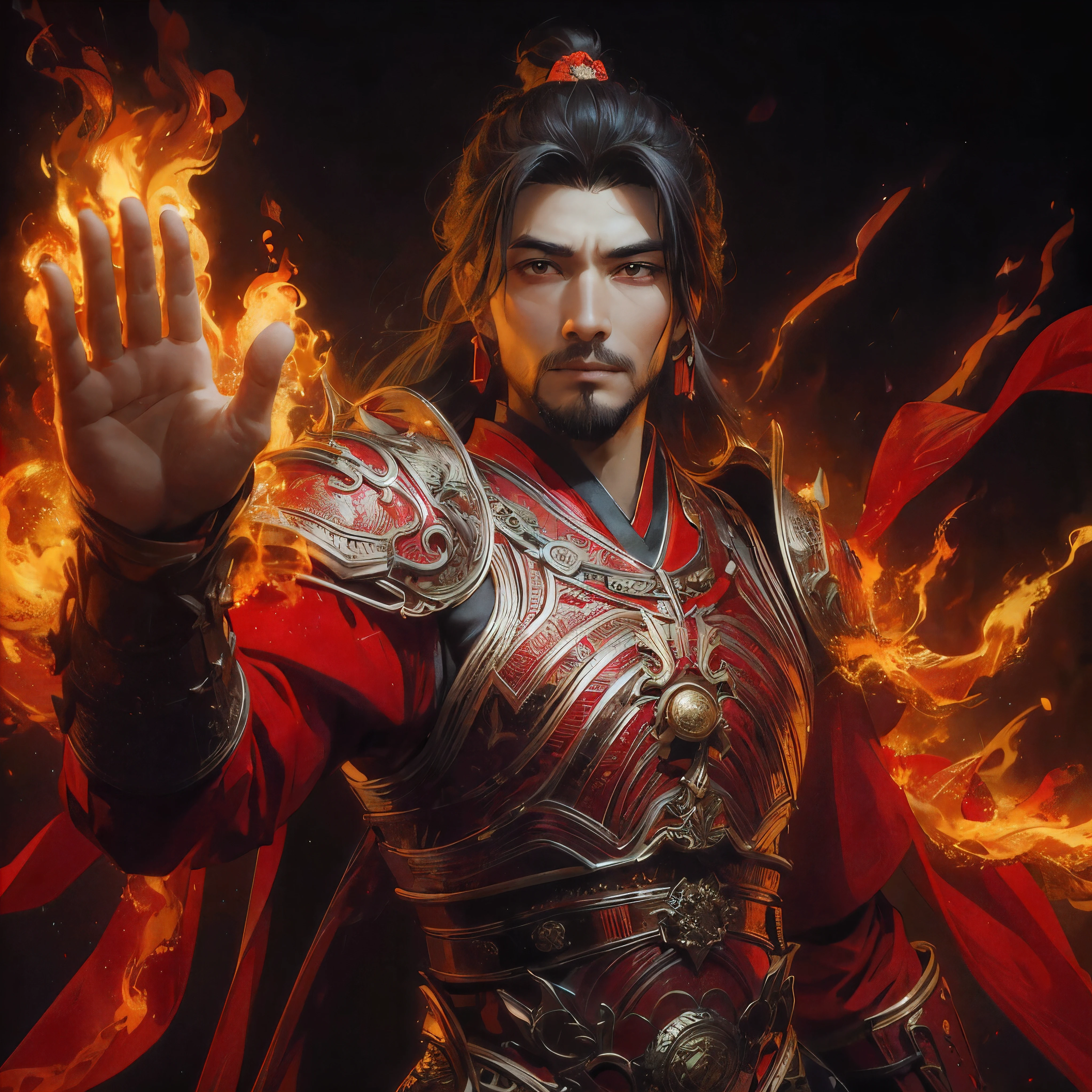 (Chinese military commander without a beard:1.2), (Dancing Flames:1.2), (Beautiful young slender Chinese man:1.2), (真っ赤な鎧を着たChinese military commander without a beard:1.2), (fearless smile:1.0), (Flames wrap around my body like a whirlpool:1.2),
(swing your right hand high above your head、Swing your left hand straight down:1.2), (the flame shines brightly in the dark:1.2), (well-proportioned, beautiful body:1.0),