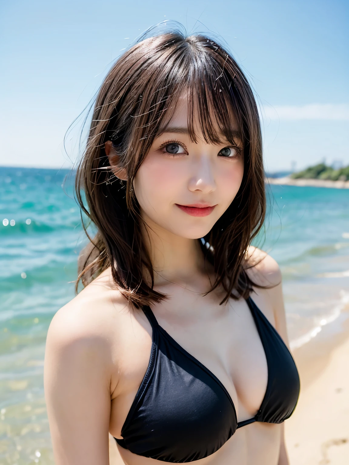 table top, highest quality, shape, Super detailed, finely, High resolution, 8k wallpaper, 完璧なダイナミックな構shape, finelyて美しい目, Wearing a black bikini swimsuit,medium hair,natural color lip, smile,Harajuku、 girl、cute、looking at the camera、C cup、brown hair、Blurred sea water background