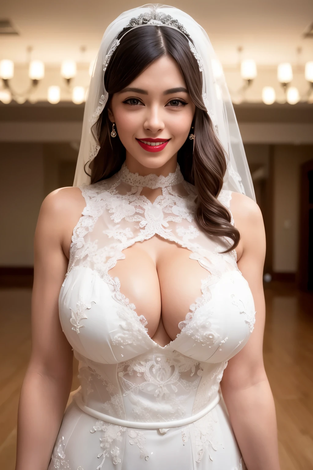 ((best quality)), ((masterpiece)), (detailed), perfect face, american wedding dress, 4K, Big Boobies, straight hair, blue eays, red lipstick, Smile, white body, full body, wedding Crown on hed, costly wedding decoration, happy body language