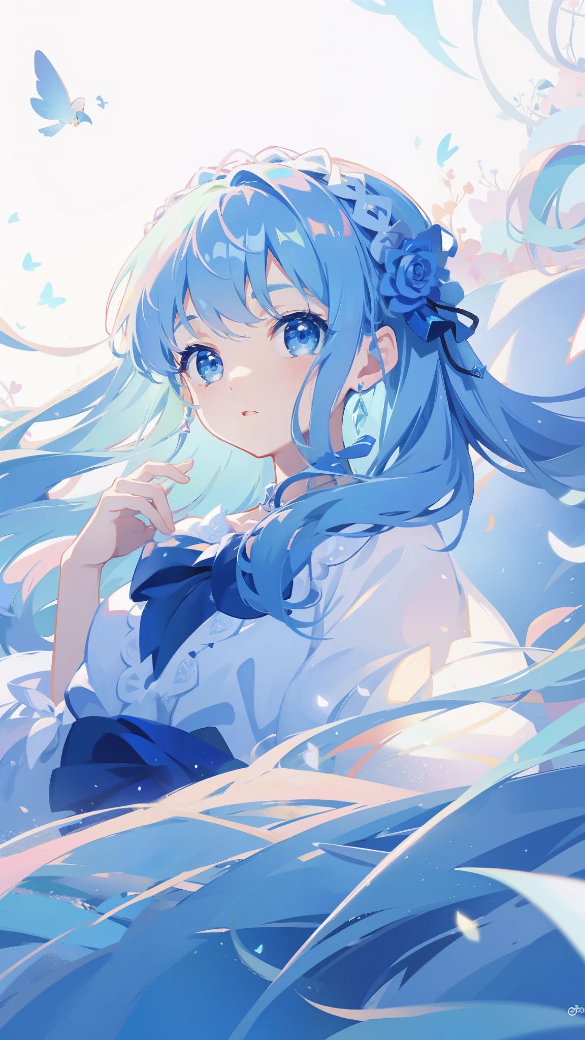 One girl、magical 、blue hairs、blue eyesagical Girl Costumes、masterpiece、top-quality、Top image quality、cute little、magia、Using magic