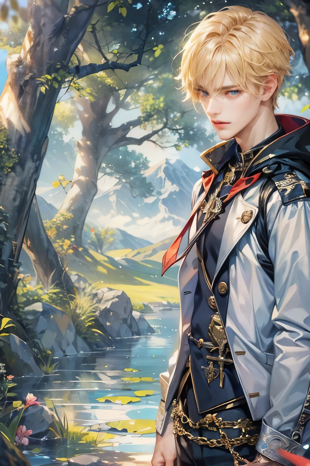 ((Best quality)), ((masterpiece)), (detailed), ((perfect face)), ((halfbody)) handsome face, male,(long blonde hair),  boy,  perfect proportions , a male version of the character from date a live anime, colorful outfit, detailed scenery background 