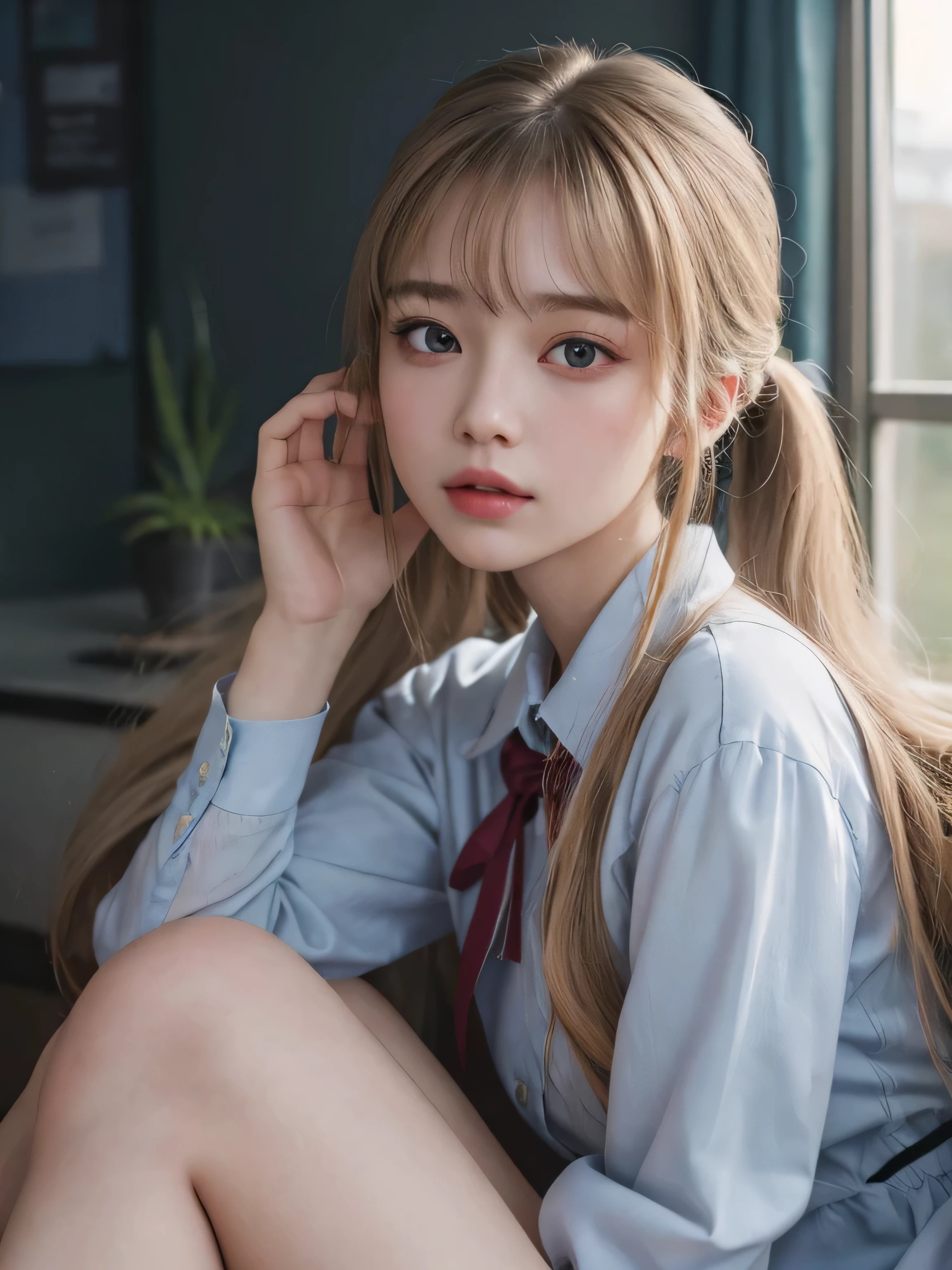 bright expression、photorealism、top quality、ultra high resolution、photo、北欧最漂亮的女孩photo、Beautifully, cute and beautiful face、a small face、(face of pure love_v1:0.008)、Beautiful bangs、alice in wonderland、18 years old、Fair and shiny skin、ponytail、延伸至脸部的Bangs、Bangs、Hair between the eyes、extra long hair、Charming Bright Natural Platinum Blonde Extra Long Straight Silky Henna Hair、Attractive glowing beautiful bright clear light blue big eyes、uniform、Uniforms、Eyeliner、double eyelids、plump breasts