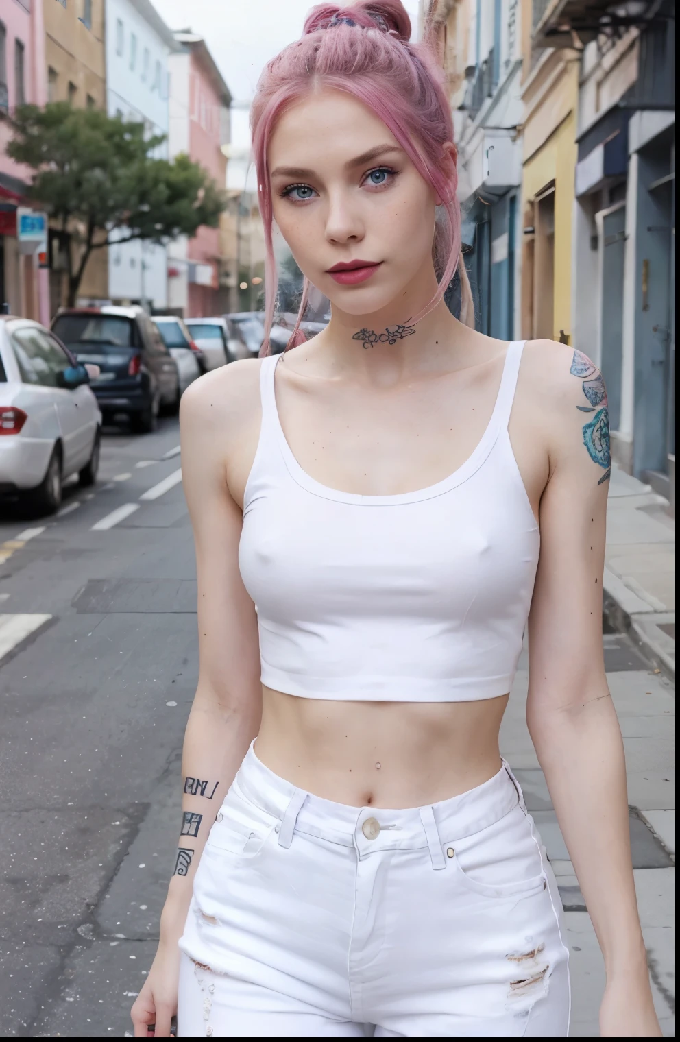 Beautiful skinny girl, elongated face and thin chin, freckles, pink hair, blue eyes, red lipstick, beautiful makeup, white skin, tattoo written on the forearm, beautiful top, denim jeans, white cotton shoes, in street , messy Hairbun