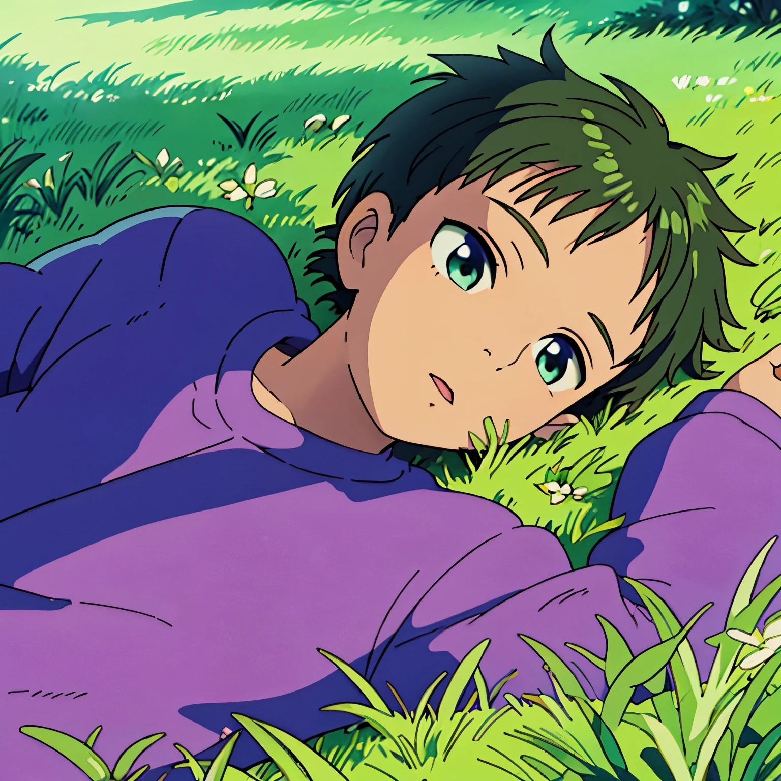 Light skin boy lying down on a green grass, the sky is purple.