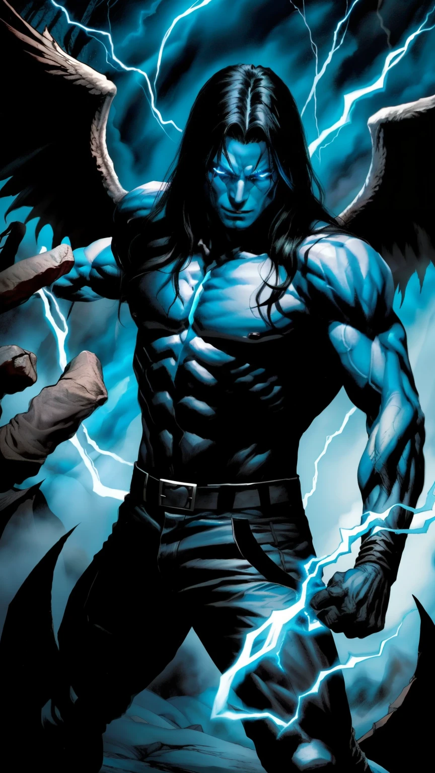 Make me a 29 year old male, half demon, half fallen angel, blue eyes and long black hair. He is surrounded by demons and fighting them in his hands has the magical aura of blue fire in DC comics
