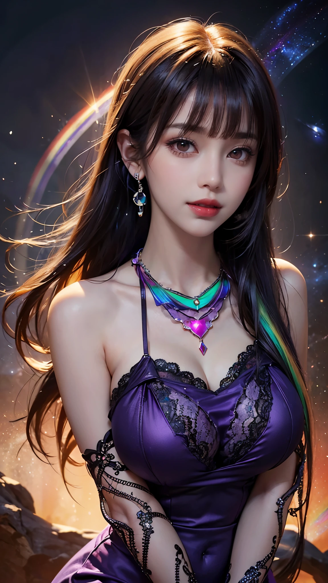 A beautiful and sexy 20 year old girl, wearing a super thin red dress, ((long hair with bangs dyed in 7 rainbow colors:1.6)), the most detailed jewelry and beautiful hair, ((wears purple lace necklace:1.6) )), Super cute small face, very pretty face, thin eyebrows, flawless beautiful face, ((black eye pupil: 0.8)), very beautiful eyes, ((red eyes pale:1.5)), beautiful makeup and detailed eyelashes, steamy eye makeup, high nose, earrings, red lips, ((closed mouth:1;5 )) beautiful lips, slim hands, most beautiful thighs, ((arms spread out to the sides: 1.5)), rosy face, clean face, flawless beautiful face, smooth white skin, (big breasts: 1.5)), ((high breasts: 1.6)), Breasts plump, beautiful cleavage, ((big and super round breasts: 1.8))), ((super tight breasts: 1.5)), beautiful breasts, back arms, beautiful girl's upper body, 8k photo, quality super high, hyper realistic, 10x super pixel, photorealistic, dark studio, light edges, two-tone bright, (high detail skin:1.2), super 8k, soft light, high quality, lighting volumetric, realistic, Photo, high resolution, light, best photo, 4k, 8k quality, blur effect, Smooth and sharp, 10 x pixels, (galaxy: 1.7), aurora, lightning, surreal graphics, most realistic graphics, alone, solo, Extremely sharp, surreal images, (((frontal portrait:1.3)))."