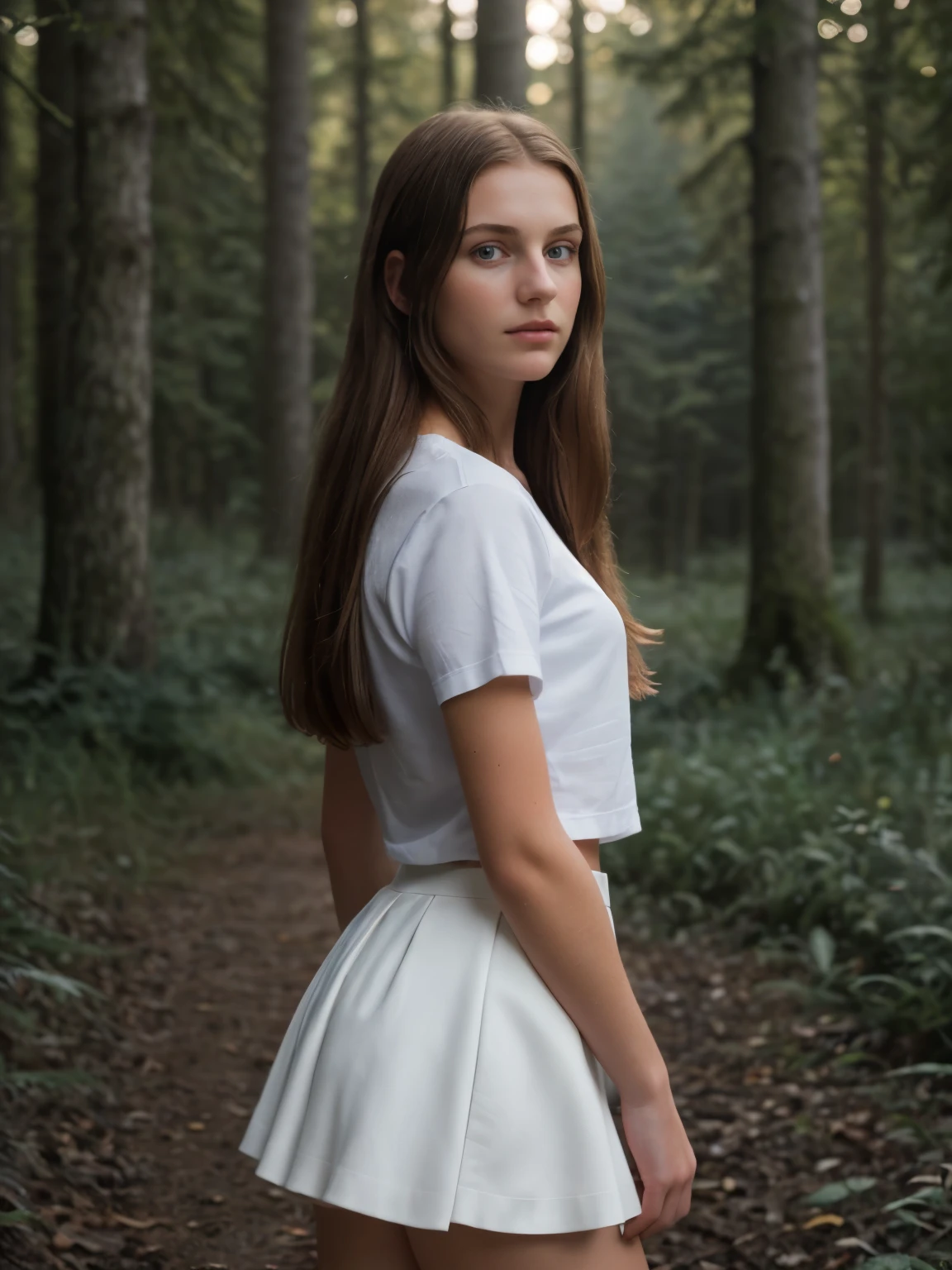 young woman, Jahre alt, iPhone-camera, straight hairs, beautiful, 16wearing a white skirt and a dark blue top, photo from the side, in a forest, ultra high resolution, (photorealistic: 1.4), high resolution, (finely detailed skin), (perfectly proportions) (photos realistic) (masterpiece) (photorealistic), ultrarealistic (Best Quality) (Detailed) photographed in a Canon EOS R5, 50mm Lens, F/2.8, (8K) (Wallpaper) (Cinematic lighting) (Dramatic Lighting) (Convoluted), february,
