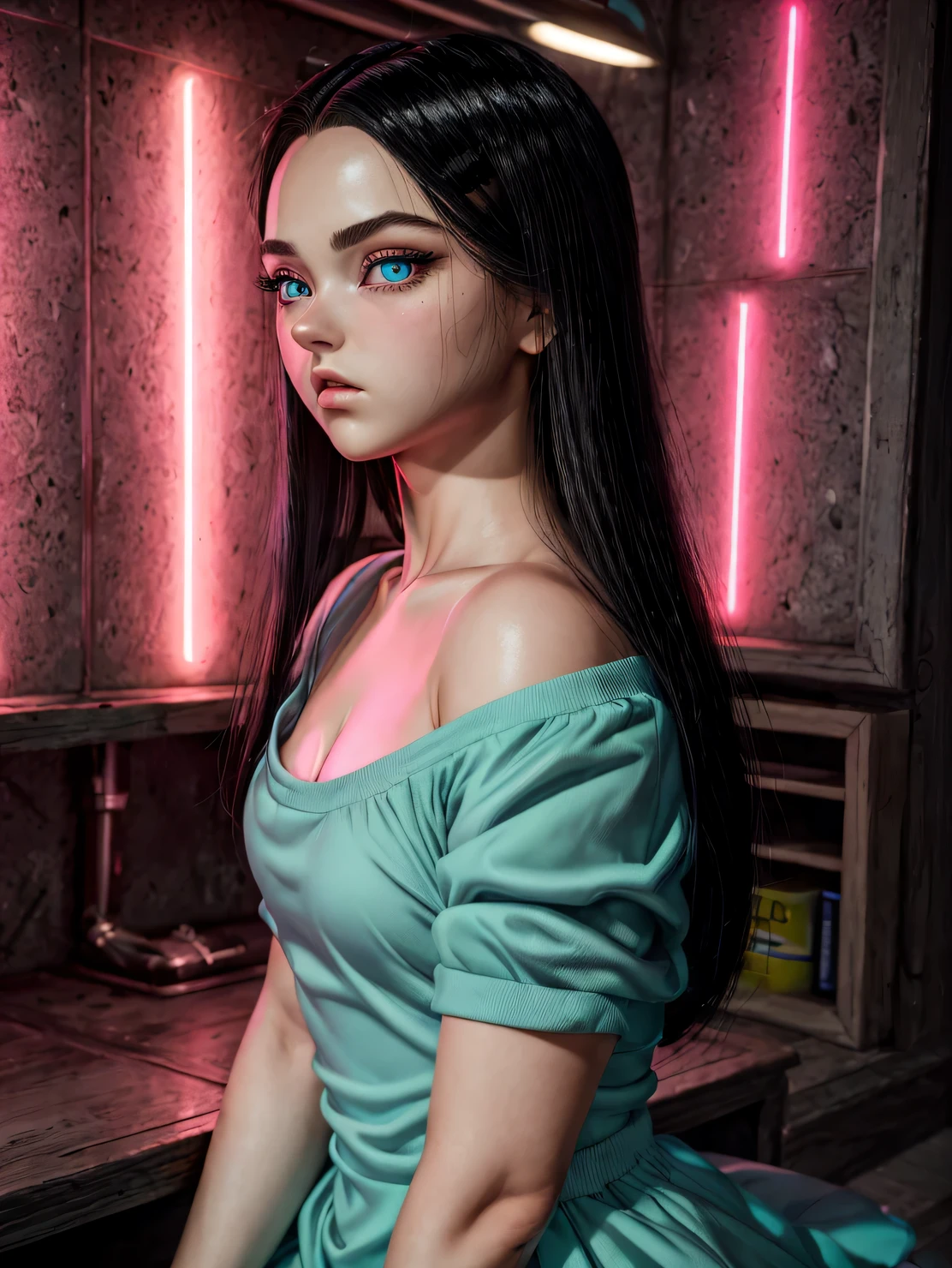 An exquisite masterpiece of top quality and high resolution featuring Marnie. Big sleepy eyes, Aqua eyes、Glowing under the dim light. black short hair, only head and shoulders, magazine style, pink top, russian girl, hyperrealistic. Android 17
