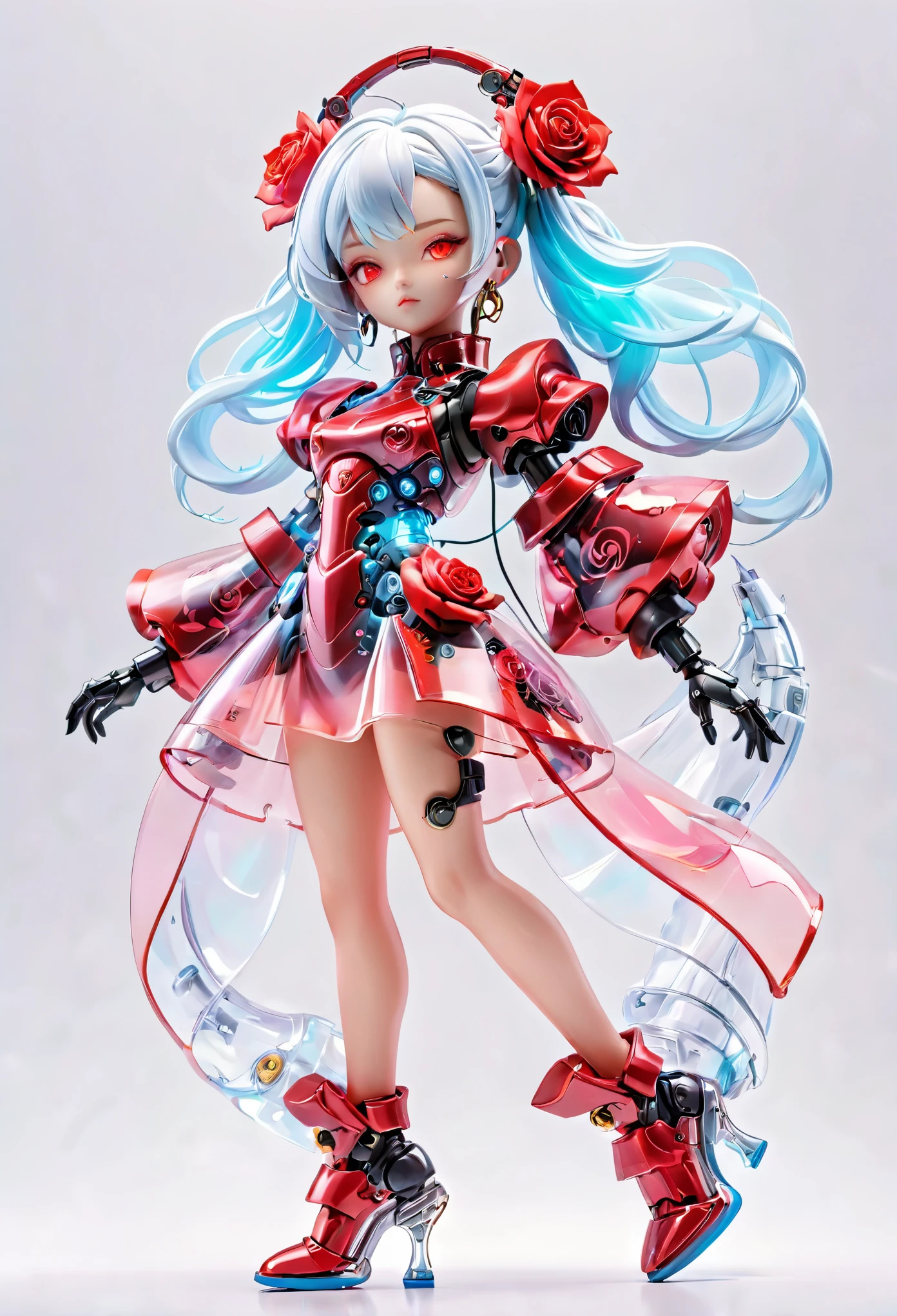 (Blind Box Spielzeug Stil:1.2),full body, solo,white background,(The future of robotic female robots, Transparent mecha, Beautiful girl face ,red rose Transparency dress, gloves, high heels),(Oriental elements, Chinese color,Very colorful), Cyberpunk, Dreamy Glow, Luminous neon lamp, clean,3D