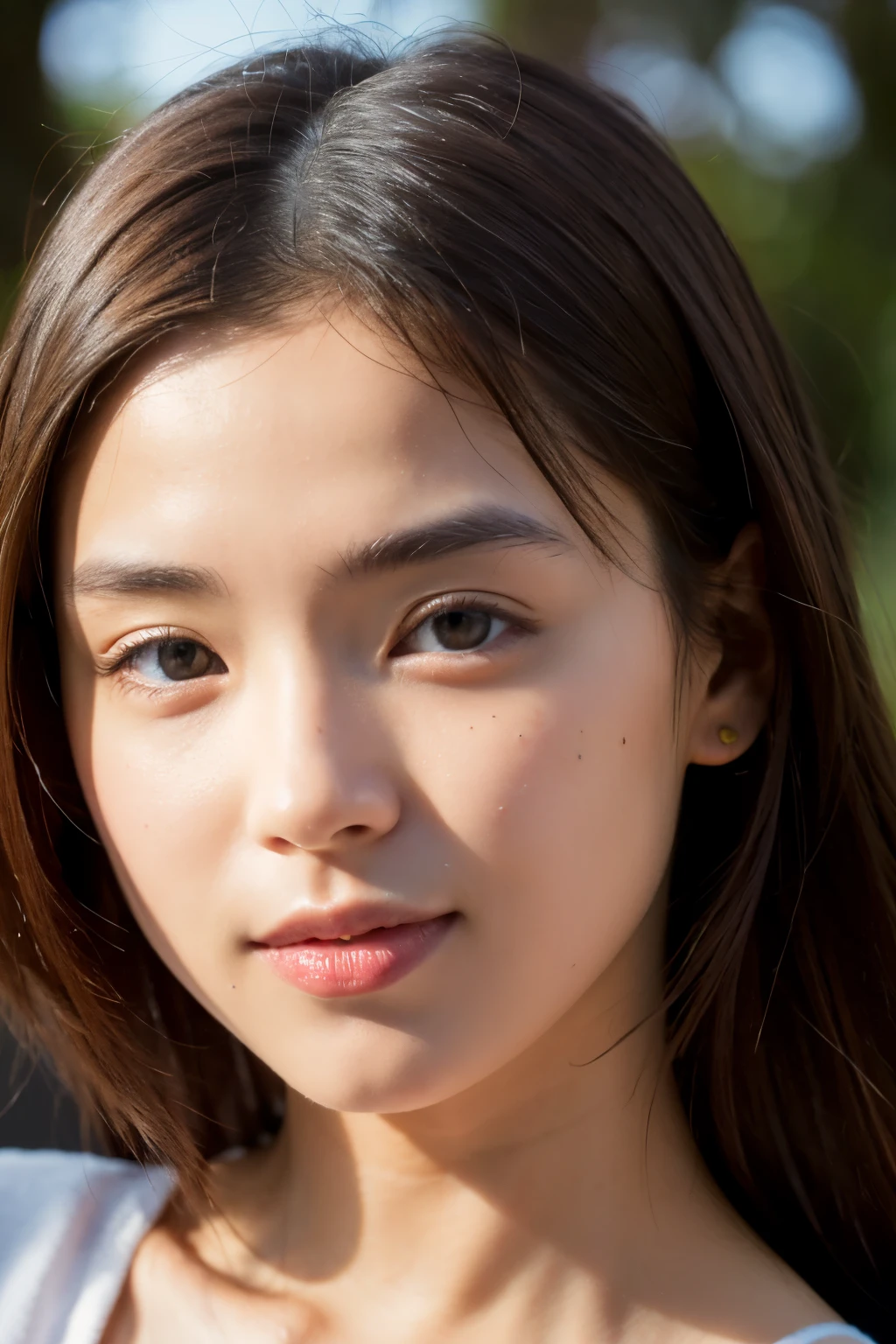 masterpiece High resolution Female student Delicate face Thick eyebrows Deep-set eyelids natural atmosphere boyish mole Tanuki face Tank top Open your mouth wide Listen to the Earth Listen to the sounds of the earth A bright future