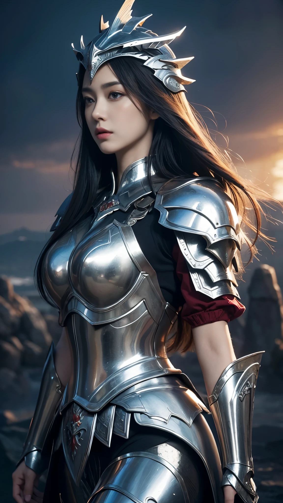 (top-quality,​masterpiece),Close up portrait of woman in silver and red dress posing,Colossal ,beautiful face,well proportioned face,Bunching up long hair,detailed fantasy art、closes mouth,Fanart Meilleure ArtStation、epic exquisite character art、Dragon helmet,Beautiful armor、Armor with intricate details,extremely detailed art germ、Detailed Digital Anime Art、armor girl,valkyrie,Painted on the waist,