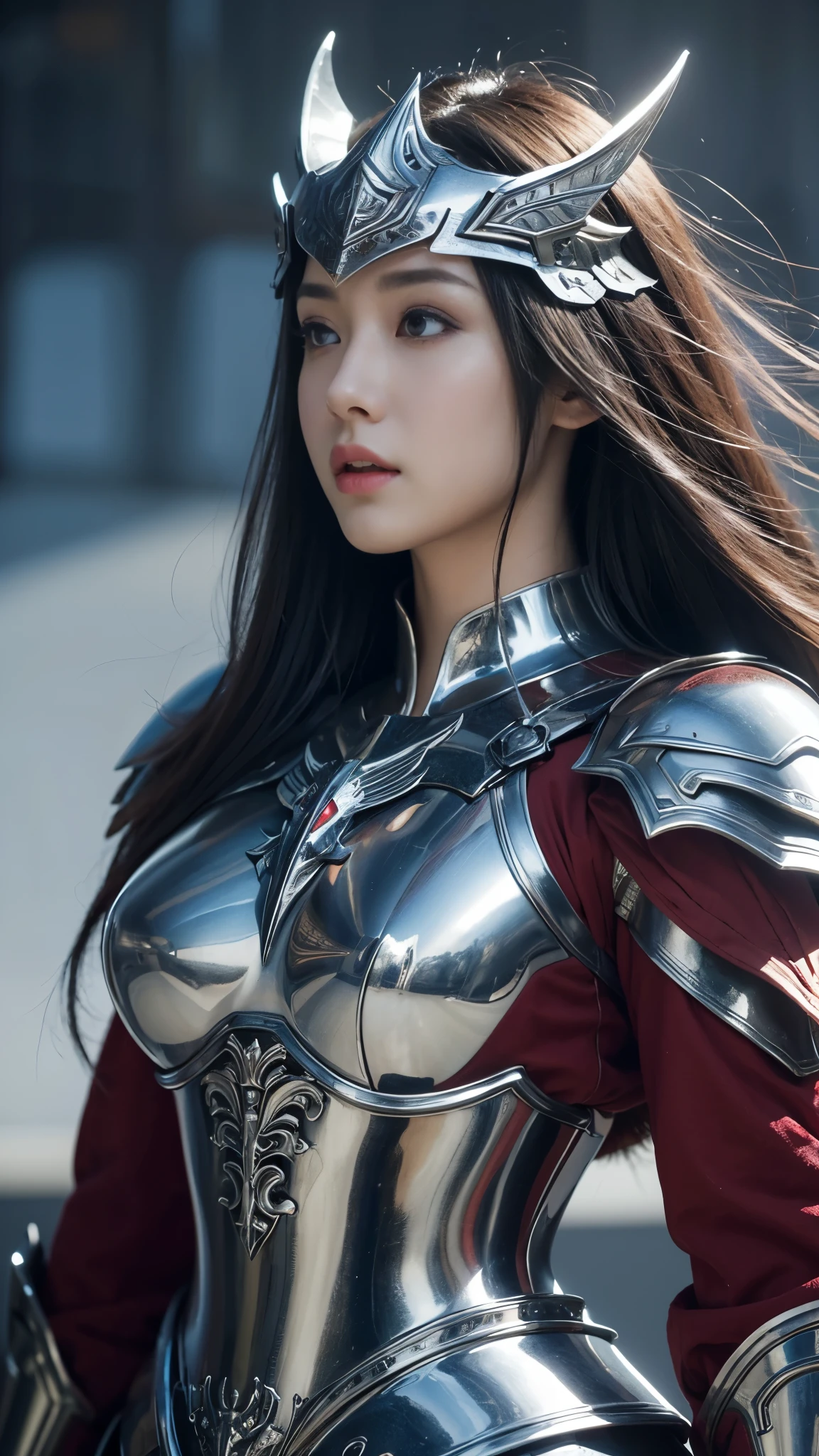 (top-quality,masterpiece),Close up portrait of woman in silver and red dress posing,Colossal ,beautiful face,well proportioned face,Bunching up long hair,detailed fantasy art、closes mouth,Fanart Meilleure ArtStation、epic exquisite character art、Dragon helmet,Beautiful armor、Armor with intricate details,extremely detailed art germ、Detailed Digital Anime Art、armor girl,valkyrie,Painted on the waist,