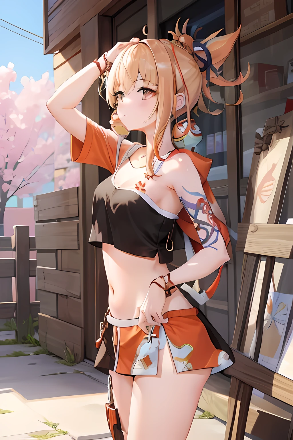 illustrate Yoimiya, use the medium female model. She has a fair complexion, golden eyes with orange-red makeup painted at the corners, and shoulder-length light strawberry blonde hair. There is a small flower tattoo near her left shoulder and another similar tattoo patch around her upper left arm containing a red fish, flowers, and purple swirls. She's wearing headphones and she loves music, and dancing. she wears sleeveless hoodie crop top. make her sexy.