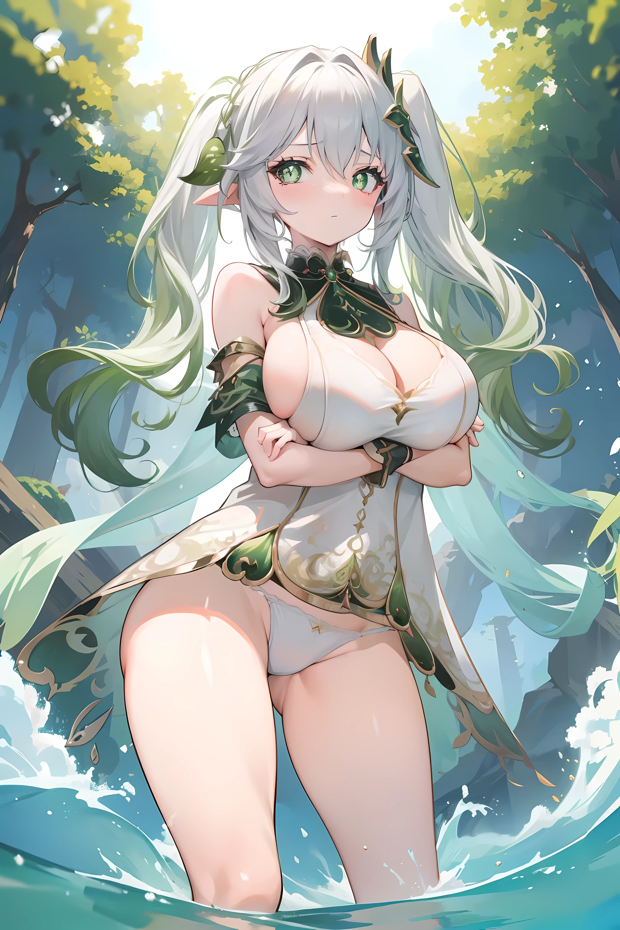 anime girl with white hair and green eyes standing in water, elf girl, trending on artstation pixiv, fey queen of the summer forest, a sexy maid in a magical forest, extremely detailed artgerm, alluring elf princess knight, guweiz on pixiv artstation, goddess of nature, guweiz on artstation pixiv