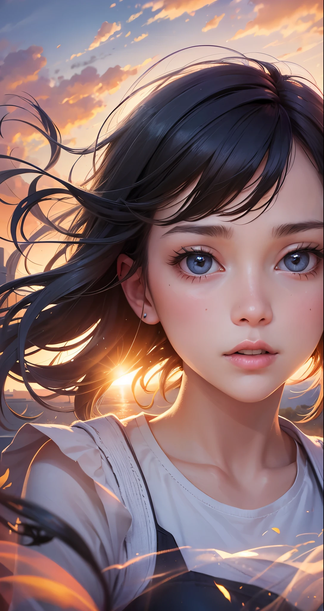 masterpiece, best quality, movie still, 1girl, cloud girl, floating in the sky, close-up, bright, happy, warm soft lighting, sunset, (sparks:0.7)