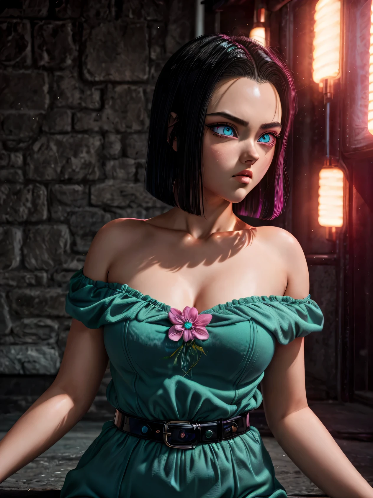 An exquisite masterpiece of top quality and high resolution featuring Marnie. Big sleepy eyes, Aqua eyes、Glowing under the dim light. black short hair, only head and shoulders, magazine style, pink top, russian girl, hyperrealistic. Android 17
