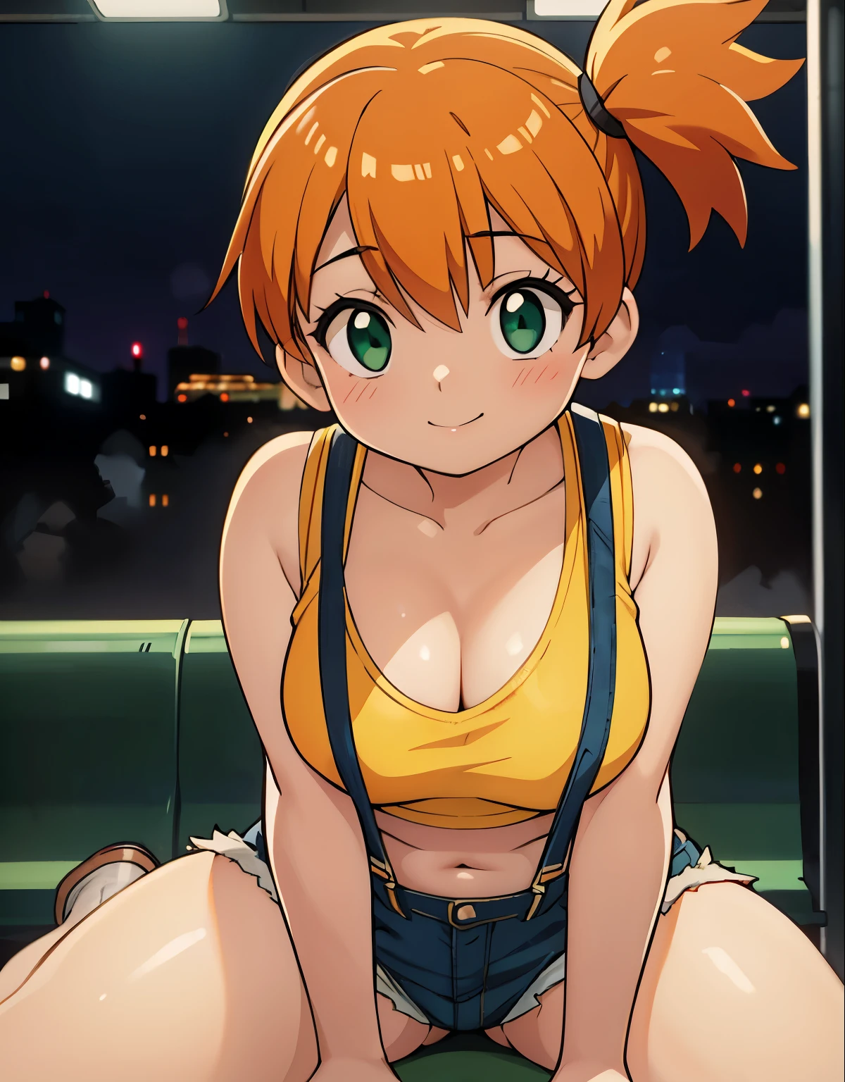 (best quality,4k,realistic),A girl having sex with an obese man inside a subway station,misty, 1girl, breasts, looking_at_viewer, short_hair, closed_mouth, bangs, navel, hair_between_eyes, bare_shoulders, sitting, green_eyes, full_body, lying, sleeveless, midriff, orange_hair, side_ponytail, crop_top, looking_to_the_side, eyelashes, bare_legs, sleeveless_shirt, leaning_forward, arm_support, suspenders, tank_top, denim_shorts, yellow_shirt, hair_tie, green_shorts, suspender_shorts, yellow_tank_top, body shape, small breast, chubby thighs, thick thighs, smile, beautiful eyes,illustration,urban scenery,low lighting,film noir,vibrant colors,gritty textures,expressive brushstrokes,detailed facial features,film grain,mysterious atmosphere