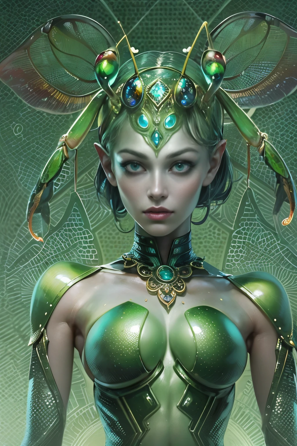 (best quality,4k,8k,highres,masterpiece:1.2),ultra-detailed,(photorealistic,photo-realistic:1.37), (A beautiful female phantom with compound eyes that look like the eyes of a praying mantis:1.5), futuristic, hi-tech, natural-looking skin, emerald-green compound eyes, exquisite, detailed face features, (piercing eyes, long eyelashes and sharp angles:1.3), sculptural facial structure, innovative fashion style, metallic, shimmering make-up, glowing eyeliner, ornate futuristic jewelry, elaborate headpiece, feathers and metallic elements, ethereal background with floating holographic particles, controlled lighting with soft highlights, bluish-green color scheme, otherworldly atmosphere. (NSFW:1.1), (toned body, small breast:1.5)