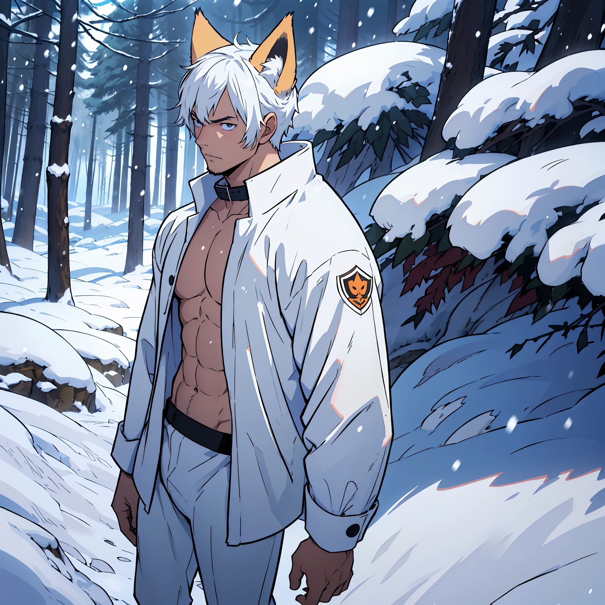 anime guy with white hair and fox ears and collar, (whole body), young guy, hair with modern bangs, masculine but young, no beard, no clothes, totally naked,(the whole body on display),  with just a piece of cloth hiding the private parts , hiding the private parts with a piece of cloth , in a snowing place, trees with snow in the background,  