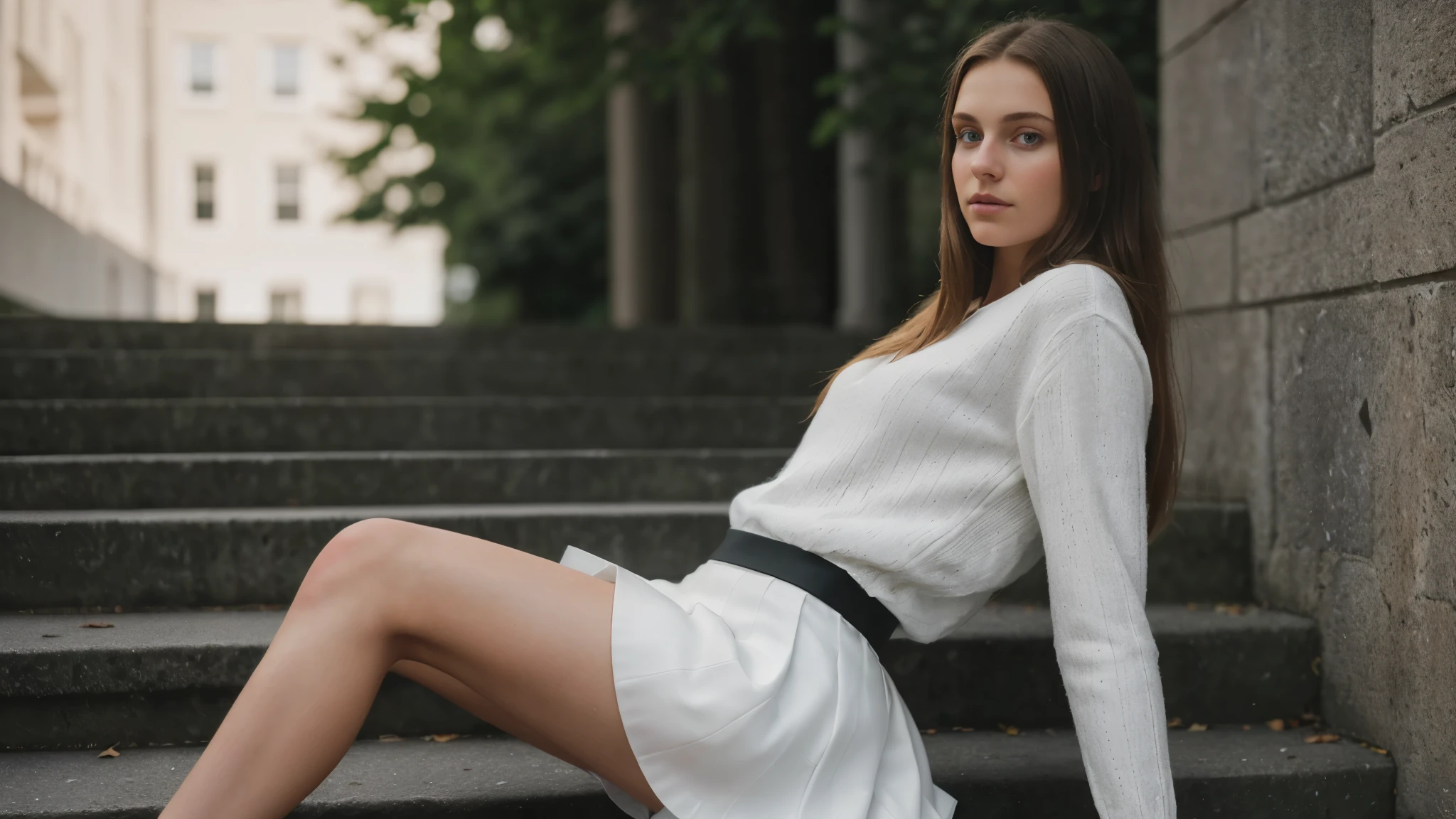 young woman, 16 Jahre alt, iPhone-camera, straight hairs, beautiful, 16 years old, wearing a white skirt, photo from the side, sitting on steps, ultra high resolution, (photorealistic: 1.4), high resolution, (finely detailed skin), (perfectly proportions) (photos realistic) (masterpiece) (photorealistic), ultrarealistic (Best Quality) (Detailed) photographed in a Canon EOS R5, 50mm Lens, F/2.8, (8K) (Wallpaper) (Cinematic lighting) (Dramatic Lighting) (Convoluted), february,